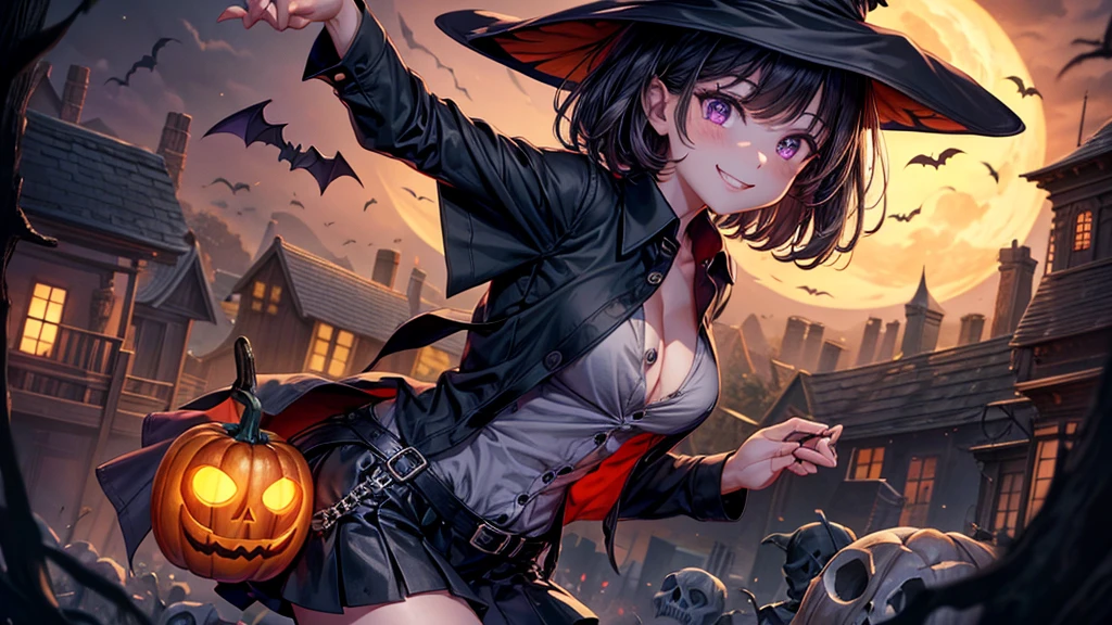 ((Halloween:1.5)), ((Halloween Costumes:1.5)), BREAK, ((In Kyoto Animation Style)), masutepiece, Professional Lighting, Detailed face, Detailed eyes, super precision, Extremely beautiful, Princess Face, 1 girl, Sexy Girl, ((Solo:1.5)), 20 years old, ((Cowboy Shot:1.5)), Dynamic Poses, Cute face, Boyish girl, BREAK, ((Dark hair:1.5)), ((shorth hair:1.5)), Straight hair, ((Short ponytail)), Black eyes, ((Smaller breasts)), BREAK, ((orange necktie:1.5)), Shibuya, A city scape, ((A slight smil)), a closed mouth, (Walking), kawaii faces, (Full body), (Halloween Hat),