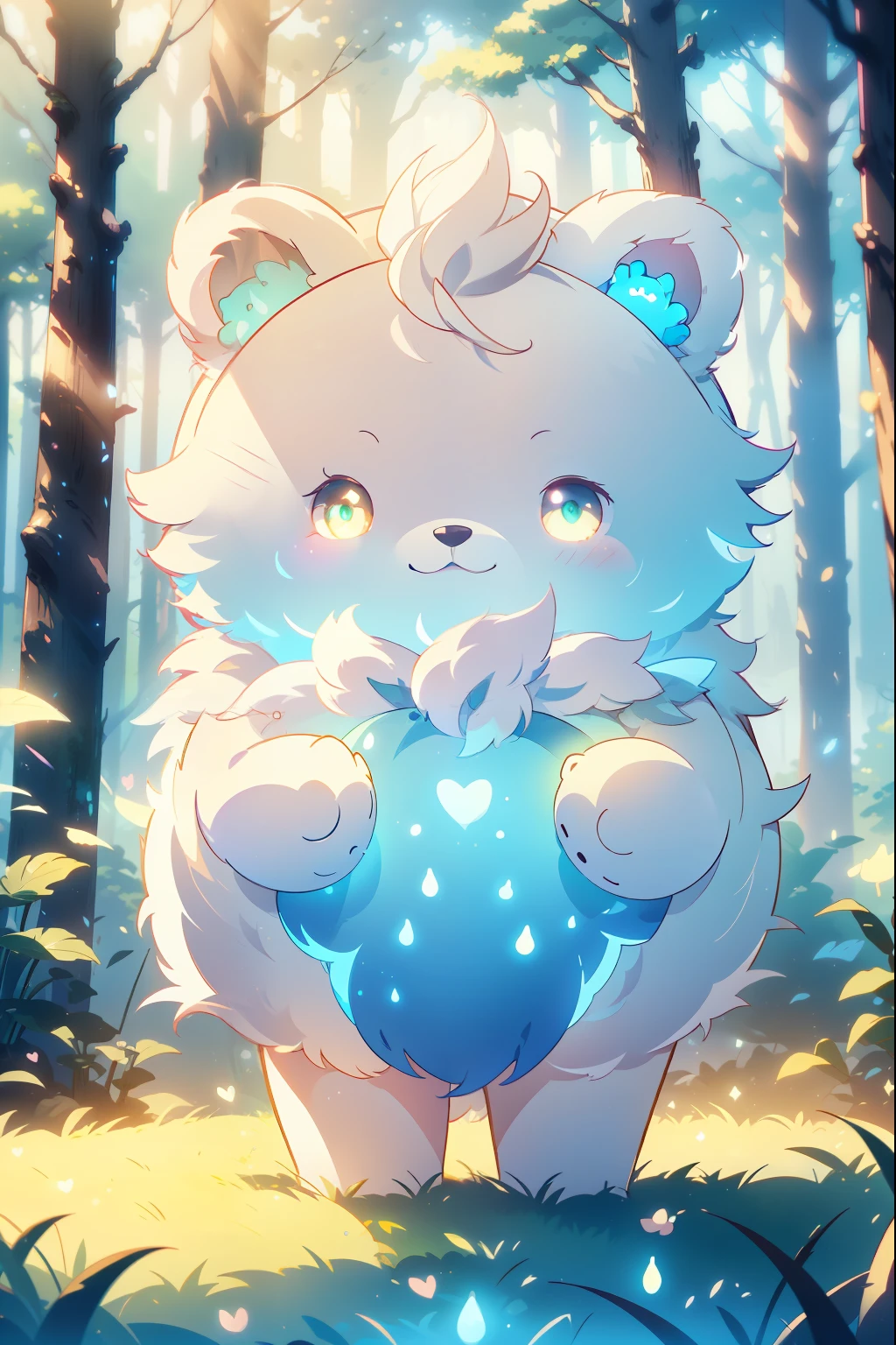 A small, fluffy teddy bear with soft white fur and glowing green eyes, standing in the middle of a foggy, mysterious forest at night. The bear holds a tiny heart emitting a soft glow, creating an atmosphere of both cuteness and eerie presence. Gentle ghosts float around, casting faint shadows. The background features a blurred forest with streaks of moonlight shining through the branches, adding a magical yet haunting mood. Style: cinematic, highly detailed, soft focus, with a glowing effect on the heart.