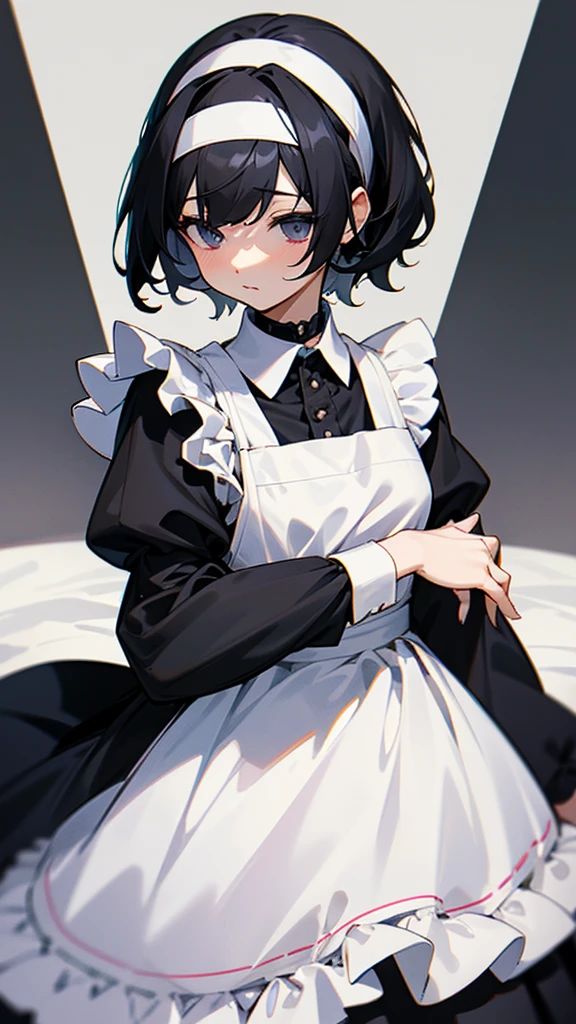 18-year-old boy,cute,Wear the maid outfit and a black work tie,Wear a maid hat,Wear cat ears,Wear black pants,Wear black booties,Wear white gloves,Black hair,Black eyes,blush,sweat,porn pose