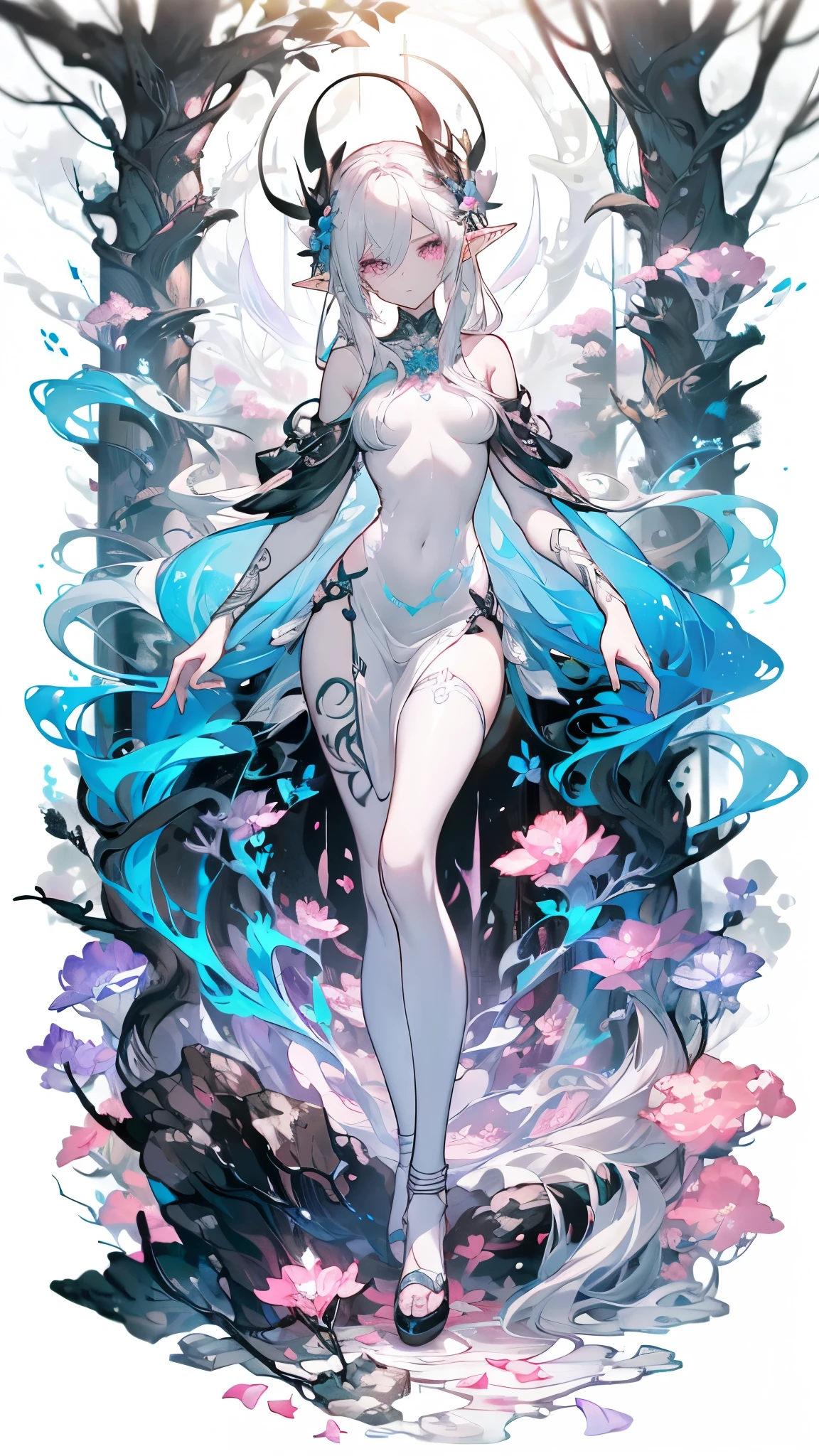 ((masterpiece, best quality)), Delicate face,knight,Standing picture,whole body,Perfect body proportions,Long legs,Handsome short hair,Beautiful silver eyes,Fantasy style,White background,Extremely beautiful,transparent,Pure white flower marriage,Sexy bikini,chain,Tattoo,Lace,exposed