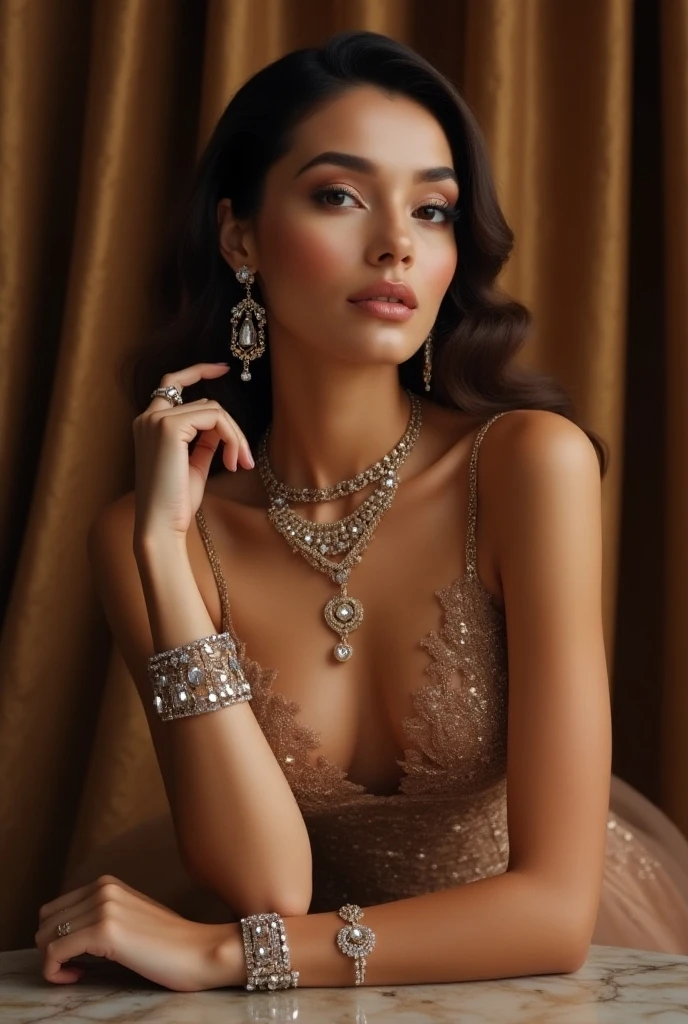 A woman of stunning beauty poses in a black dress adorned with gold jewelry. The scene is realistic, combining subtle sensuality with a conservative and seductive touch. The white garment partially covers his body, revealing her lingerie, which adds a note of passion to the image. The woman is standing, showing her full figure. His face is sensual and extremely detailed, highlighting beautiful and well-defined eyes, and perfectly outlined lips. Long lashes frame her eyes, creating a captivating look. The image is photorealistic, captured in 8K resolution, with high definition quality.

Soft, enveloping lighting enhances a woman&#39;s natural beauty, filling the scene with light and highlighting every detail clearly. Warm, golden tones complement the jewelry, creating a cozy and elegant atmosphere. The composition is inspired by the baroque oil painting style, but with a focus on luminosity and clarity, eliminating harsh shadows and emphasizing a soft, radiant glow.