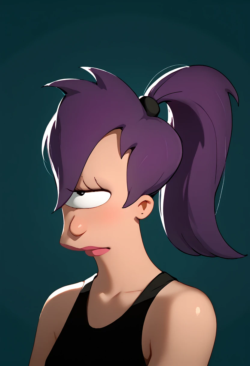 Turanga Leela from futurama, ciclops, one eye in head, girl, human race, one eyed girl, purple ponytail hair,