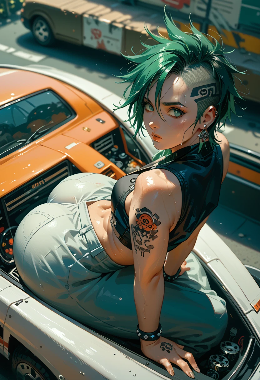 cinematic illusion visual cfi-fi from above a beautiful japanese woman cyborg punk sitting on a flying vehicle sophisticated mechanic body design motif  futuristic orange black emitting green aura outdoors urban city future futurustic cyborgpunk neon underpants sweating showing big ass