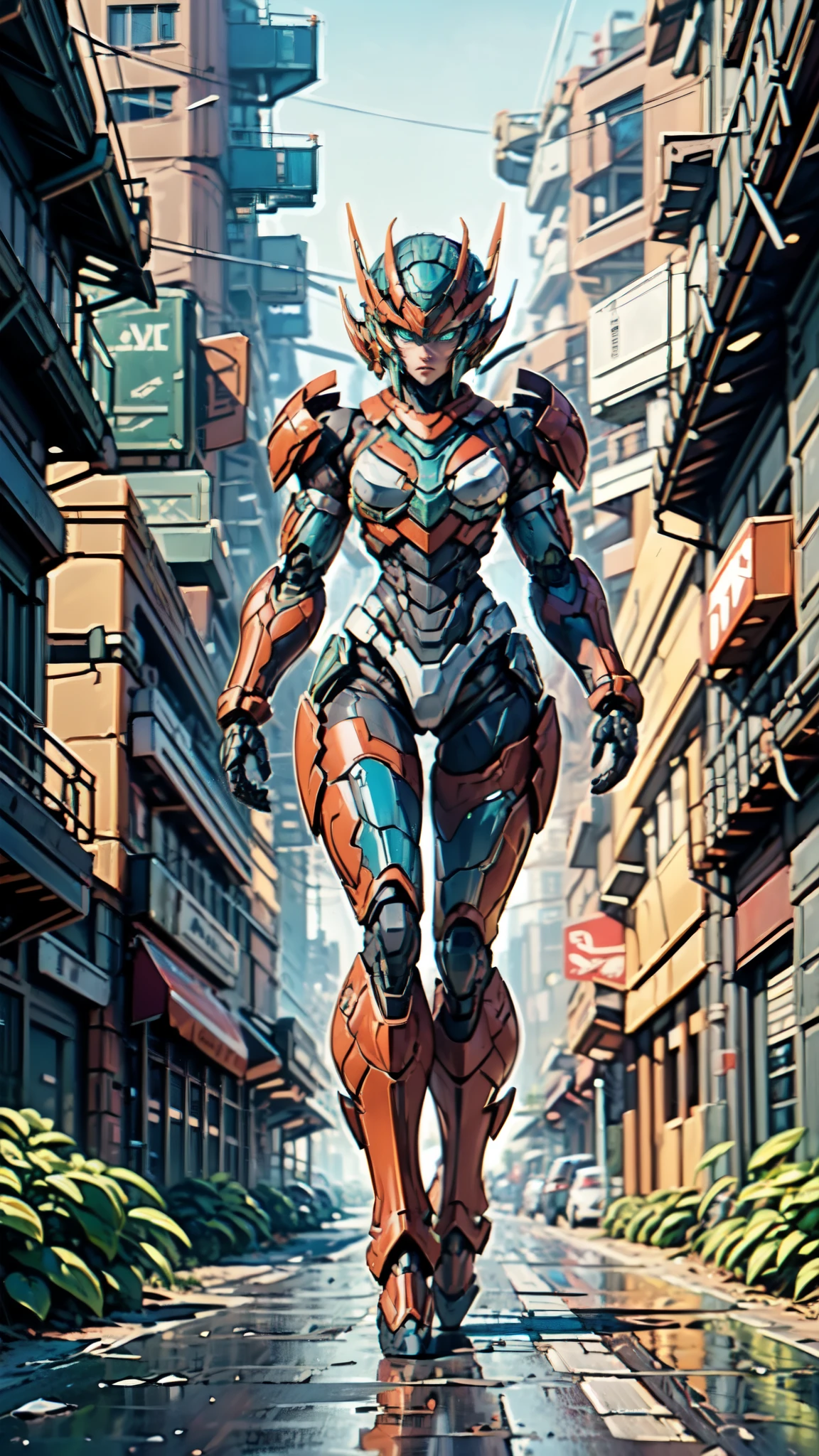 (masterpiece:1.5, best quality:1.5, extremely delicate:1.5), ((Female:1.2)), Biomimetic humanoid Mecha, green eyes, fully enclosed shoulder guards, matching arm and leg guards, gemstone, full body, full armor, the design balances heavy with agility, organic biotech armor, (the color scheme is primarily White and Black with Purple and Red accents, concept Inspired by Kunoichi, glowing eyes, the armor glows), standing, floating high above the futuristic sci-fi city, a finely crafted Super robot in anime style, exquisite and mature art style, feminine, metallic, dramatic, high definition, highres, ultra-detailed, ultra-fine painting, professional, anatomically correct, symmetrical face, extremely detailed eyes and face, high quality eyes, creativity, RAW photo, UHD, 32k, Natural light, cinematic lighting, (masterpiece-anatomy-perfect:1.2)