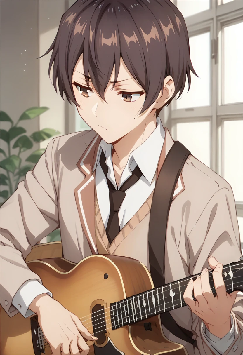 kuze masachika,brown hair,brown eyes,short hair,hair between eyes,game_center, acoustic_guitar,playing_instrument