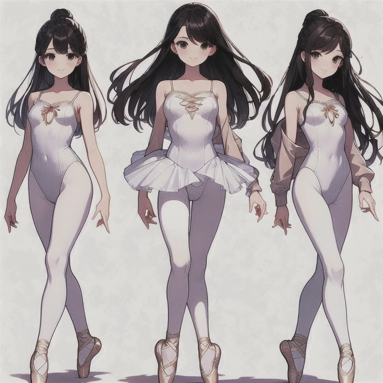 ((full body)),(masterpiece, best quality), 3 girls ,((Contrapposto:1.5)), looking at viewer, walking,((v_arms:1.2)), ((white full-length tights:1.3)), wearing (ballet_outfit leotard:1.3), , BREAK masterpiece black hair, ((long hair:1.2)), ((parted bangs:1.3)), black eyes, good hand, ((small breasts)), (over 20 years old, under 25 years old:1.2), , spotlight, happy, smile, BREAK in the class room