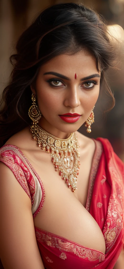 ((Full Open )) perfect pink eyes, fantastic face, Indian, beautiful look, ((red lips, bright eyes, curve heir 1.5)), ((beautiful details very big breast )), (Straight round and ultra huge clevage, not sagging breast), A glorious gorgeous, glorious gorgeous face, pretty face, bright eyes, detailed elegant printed red saree, updo elegant hair, blurred gray tones background, ultra focus, face ilumined, face detailed, 8k resolution, painted, dry brush, brush strokes, razumov style and garmash style, by Tokaito