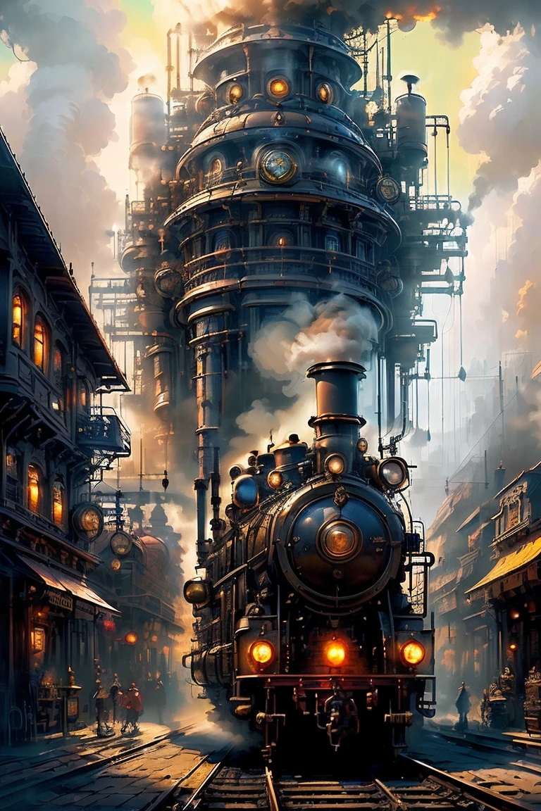 (masterpiece,top quality,best quality,official art,Beautiful and beautiful:1.2),Steampunk, Victorian mechanical world,steam train,smoke,massive clockwork,exquisite machinery, vibrant sunset, neon lights, bustling commercial street, hazy atmosphere, mysterious silhouettes