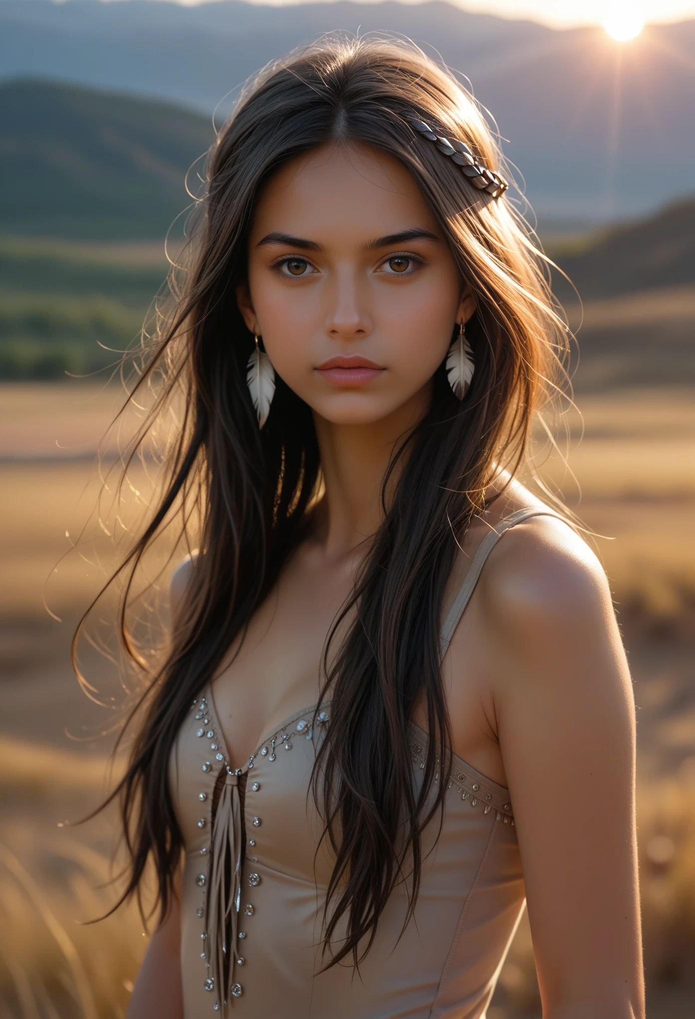  Portrait of Marie Avgeropoulos as Pocahontas,   Young Beautiful Native American Woman ,  perfect symmetrical face , indian feather jewelry, Traditional Handmade Dress , Armed female hunter warrior, (((Wild West))) environment, Utah Landscape,  Surreal ,  Concept Art,  elegant, ((Complex)), ((Advanced Details)),  depth of field , (( Professional Color Grading )),  Soft Ambient Lighting, dusk, 8k, artgerm、greg rutkowski、Artwork by Alphonse Mucha