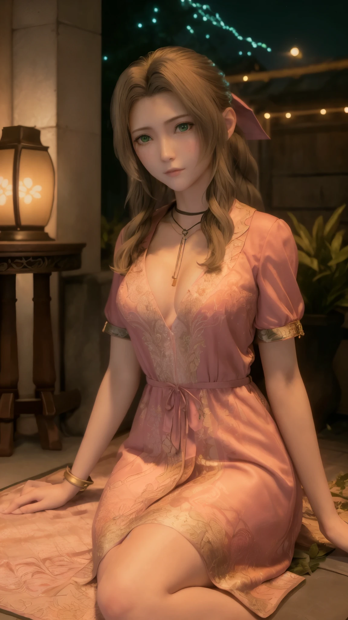 Like the picture, CG, Best Quality,  highly detailed masterpiece ,  Highly Detailed CG Unity 8K Wallpaper, fine, Best Quality, incredibly absurdres,   very detailed beautiful detailed 1 girl ,  Face is Aeris , Solo,  full body shot,  light texture and light on the face ,  long Chinese dress ,Long-haired,  Necklace ,  JEWELRY,  dark green eyes , Reflected Light,  lip details , As a Westerner , Have、 has very detailed green eyes and very detailed eyes,  watching viewers , smile, Japanese garden background ,Night City,lanthanum