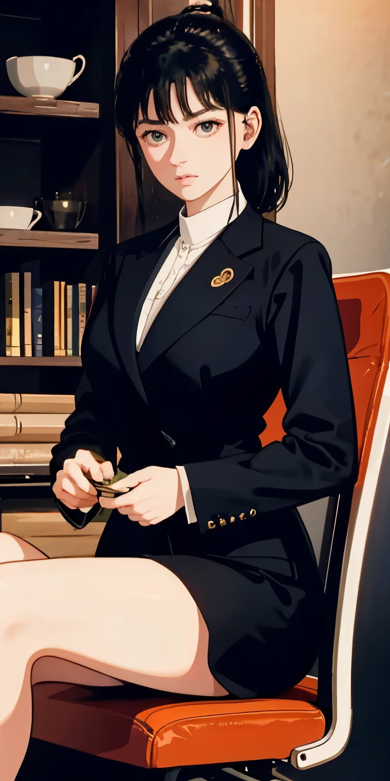  1 girl,  business、A strong-looking face、suit、 sitting on a chair 、 is watching here