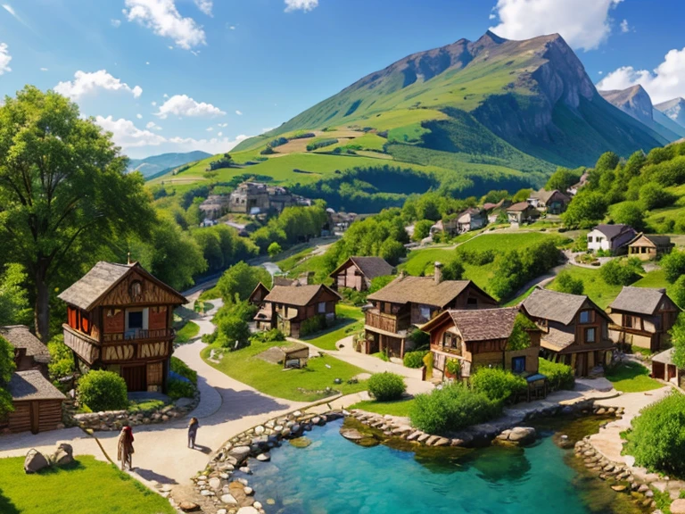  Panoramic view of a magical village .  Cozy two-story houses ,  made of stones and wood .  Friendly population asy outfits. many details. 64k. soft colors .  sunny day .