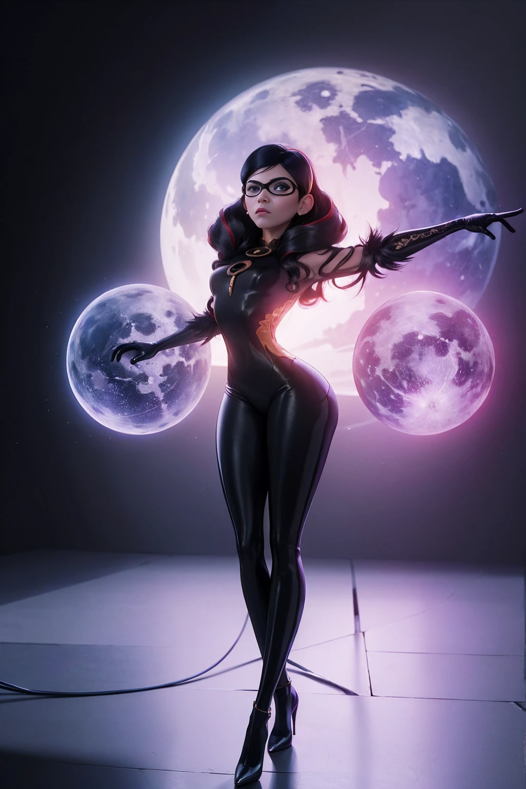 A single character combining elements from Violet Parr and Bayonetta, (Violet Parr:Bayonetta), full length portrait, beautiful young woman, long dark hair, violet eyes, detailed facial features, full body in tight black outfit, high heels, dramatic pose, dark dramatic lighting, cinematic composition, fantasy, highly detailed, hyper realistic, masterpiece, 8k, volumetric lighting, dramatic colors, cinematic mood, intricate details