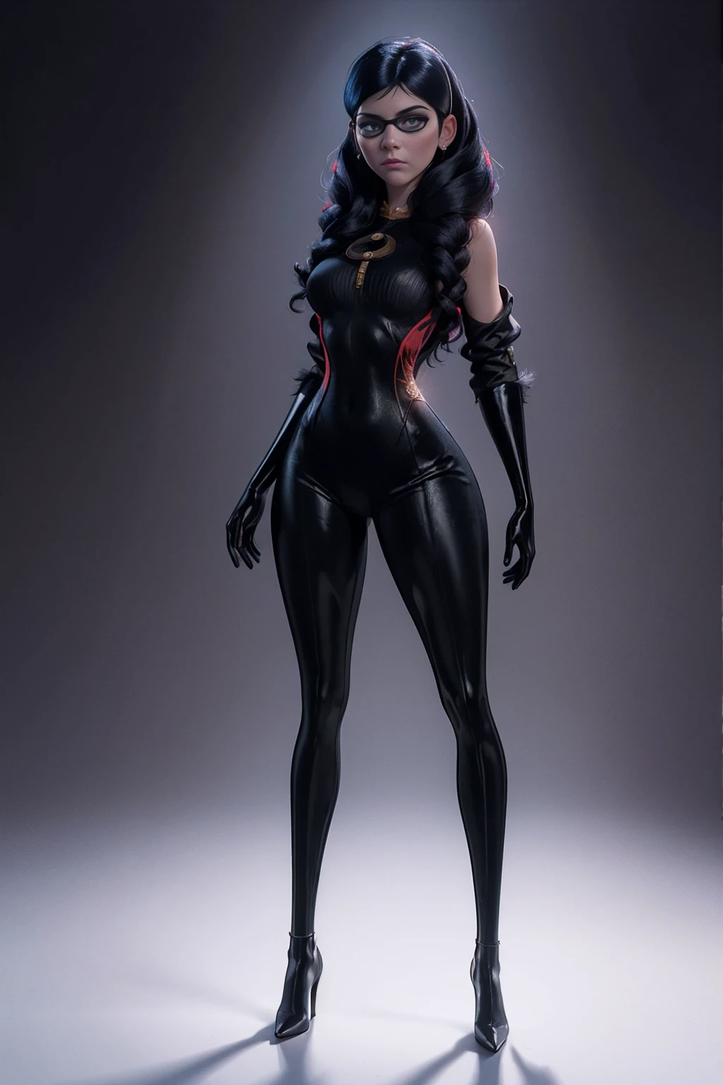 A single character combining elements from Violet Parr and Bayonetta, (Violet Parr:Bayonetta), full length portrait, beautiful young woman, long dark hair, violet eyes, detailed facial features, full body in tight black outfit, high heels, dramatic pose, dark dramatic lighting, cinematic composition, fantasy, highly detailed, hyper realistic, masterpiece, 8k, volumetric lighting, dramatic colors, cinematic mood, intricate details