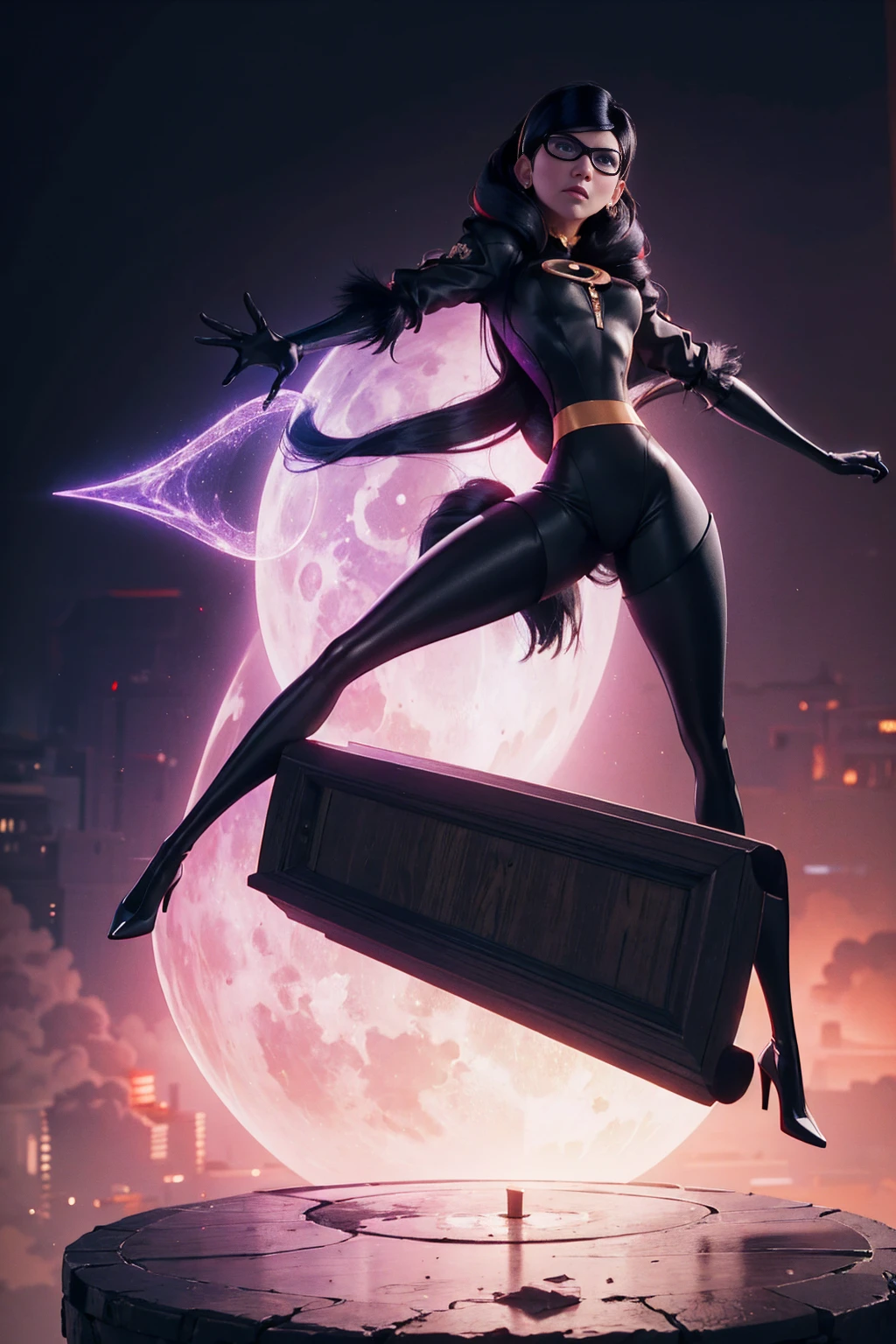 A single character combining elements from Violet Parr and Bayonetta, (Violet Parr:Bayonetta), full length portrait, beautiful young woman, long dark hair, violet eyes, detailed facial features, full body in tight black outfit, high heels, dramatic pose, dark dramatic lighting, cinematic composition, fantasy, highly detailed, hyper realistic, masterpiece, 8k, volumetric lighting, dramatic colors, cinematic mood, intricate details