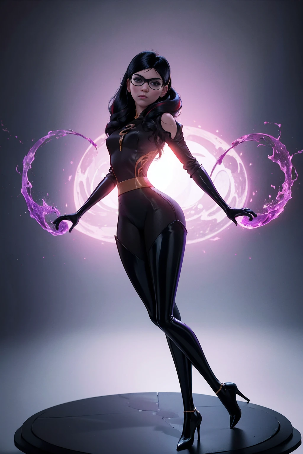 A single character combining elements from Violet Parr and Bayonetta, (Violet Parr:Bayonetta), full length portrait, beautiful young woman, long dark hair, violet eyes, detailed facial features, full body in tight black outfit, high heels, dramatic pose, dark dramatic lighting, cinematic composition, fantasy, highly detailed, hyper realistic, masterpiece, 8k, volumetric lighting, dramatic colors, cinematic mood, intricate details