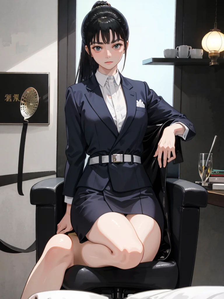  1 girl,  business、A strong-looking face、suit、 sitting on a chair 、 is watching here、