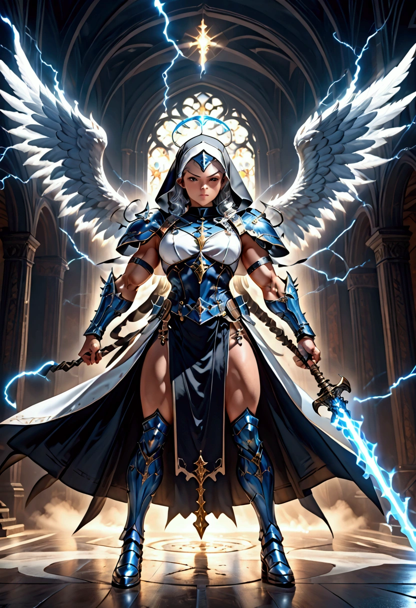 A muscular female nun, armored blue valkyrie, angel wings, lightning mace, full-body, intricate details, epic scene, cinematic lighting, dramatic shadows, volumetric fog, highly detailed, photorealistic, 8k, sharp focus, studio lighting, physically-based rendering, vivid colors, concept art