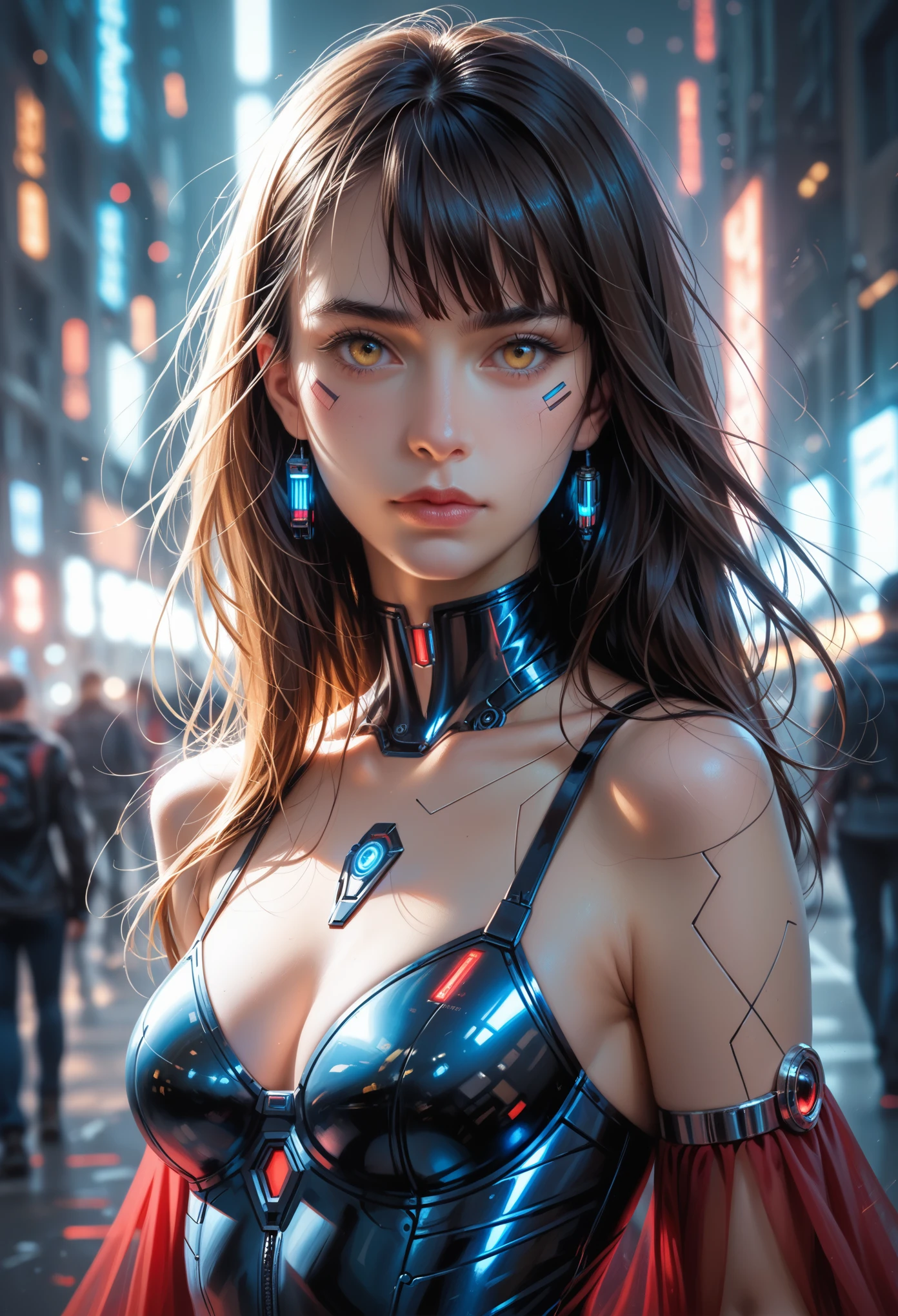 score_9, score_8_up, score_7_up, score_6_up, score_5_up, score_4_up, (super realistic photo:1.6), beautiful digital paint, Beautiful detailed realistic digital art, A highly detailed yellow eyed blue android girl and stunning scarlet vampire girl standing side by side in a futuristic 2200 year old sci-fi world, intricate cyberpunk setting, dramatic lighting, cinematic composition, intense colors, chiaroscuro, moody atmosphere, photorealistic, 8k, masterpiece, ultra-detailed, extremely detailed facial features, realistic skin textures, advanced android technology, flowing clothes, complex background elements, neon lights, holographic displays, advanced architecture, dynamic poses, powerful and mysterious