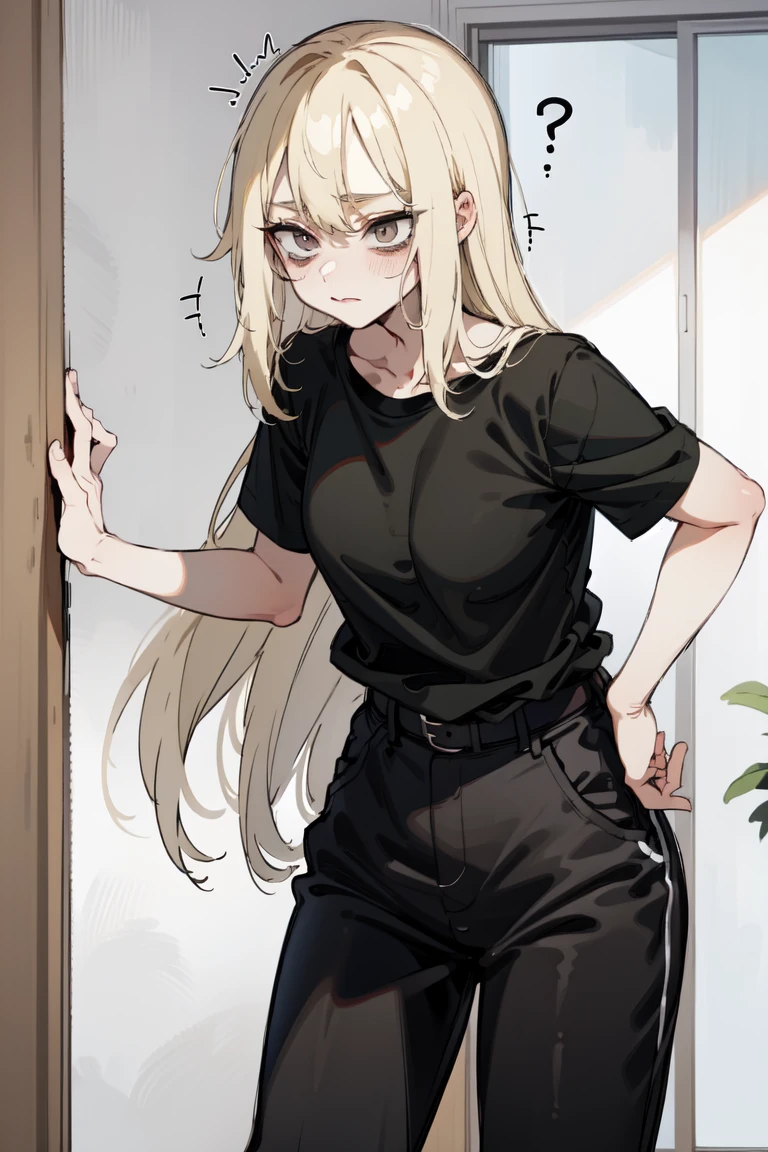 young woman, blonde,  long hair , gray eyes, black t-shirt, gray pants , wide pants, black belt, narcissistic, nervous, anime
