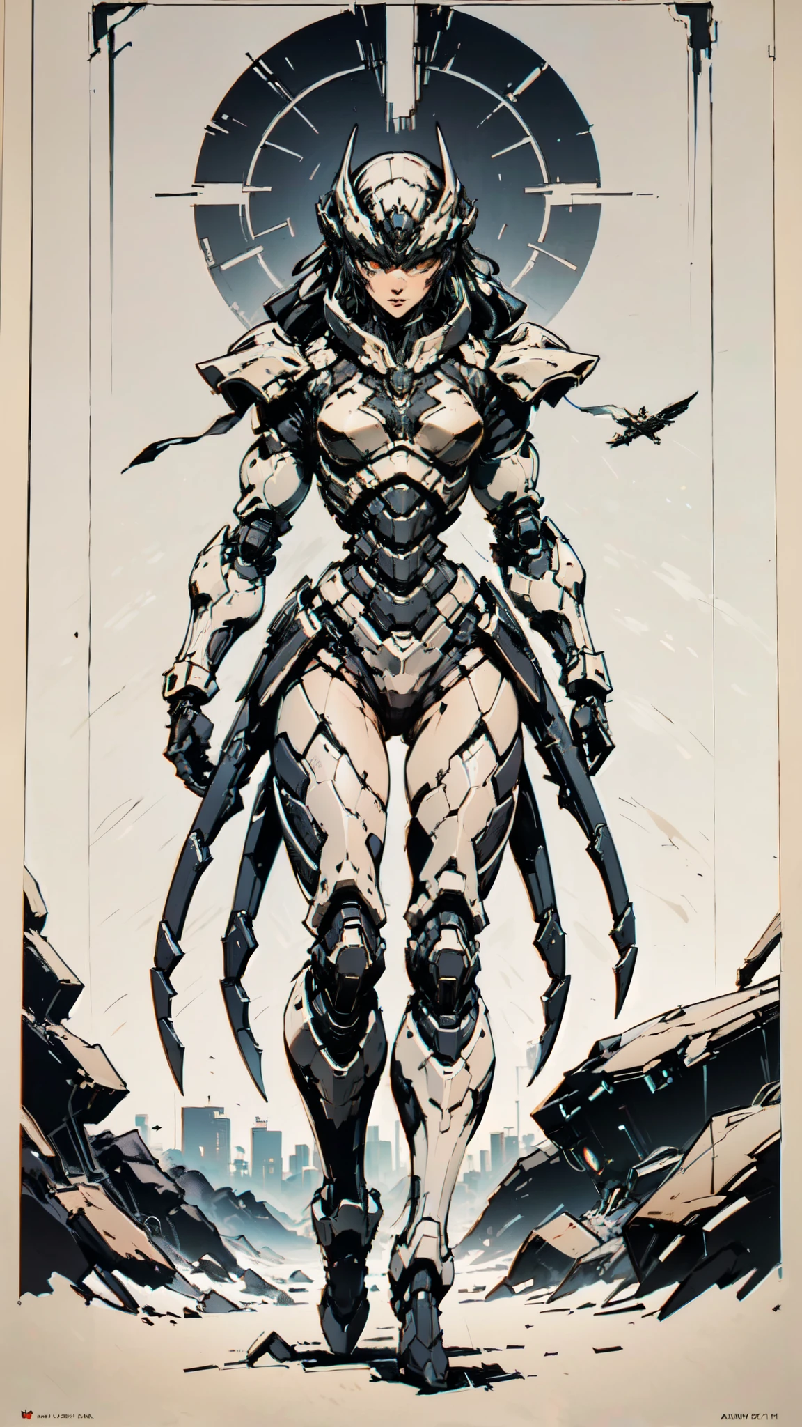 (masterpiece:1.5, best quality:1.5, extremely delicate:1.5), ((Female:1.2)), Biomimetic humanoid Mecha, green eyes, fully enclosed shoulder guards, matching arm and leg guards, gemstone, full body, full armor, the design balances heavy with agility, organic biotech armor, (the color scheme is primarily White and Purple with Black and Red accents, concept Inspired by Kunoichi, glowing eyes, the armor glows), standing, floating high above the futuristic sci-fi city, a finely crafted Super robot in anime style, exquisite and mature art style, feminine, metallic, dramatic, high definition, highres, ultra-detailed, ultra-fine painting, professional, anatomically correct, symmetrical face, extremely detailed eyes and face, high quality eyes, creativity, RAW photo, UHD, 32k, Natural light, cinematic lighting, (masterpiece-anatomy-perfect:1.2)