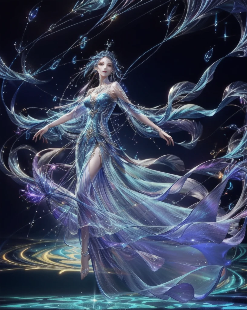 1girl, brilliant transparent blue dress, dynamic pose, water, pray, glow, colorful, gorgeous dress, light magic, abstract, fantasy,( in hall background),  32k,extremely detailed CG unity 8k wallpaper, best quality 