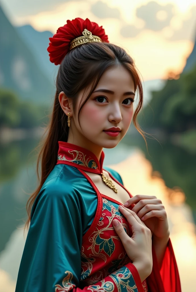 one woman , full body, in thai dress, dancing in Khmer posture, in front of river,(best quality,4k,8k,highres,masterpiece:1.2),ultra-detailed,(realistic,photorealistic,photo-realistic:1.37),extremely detailed eyes and face,beautiful detailed lips,longeyelashes,intricate detailed traditional thai dress,elegant thai dance pose,beautiful river landscape,dramatic lighting,warm color tones,cinematic composition