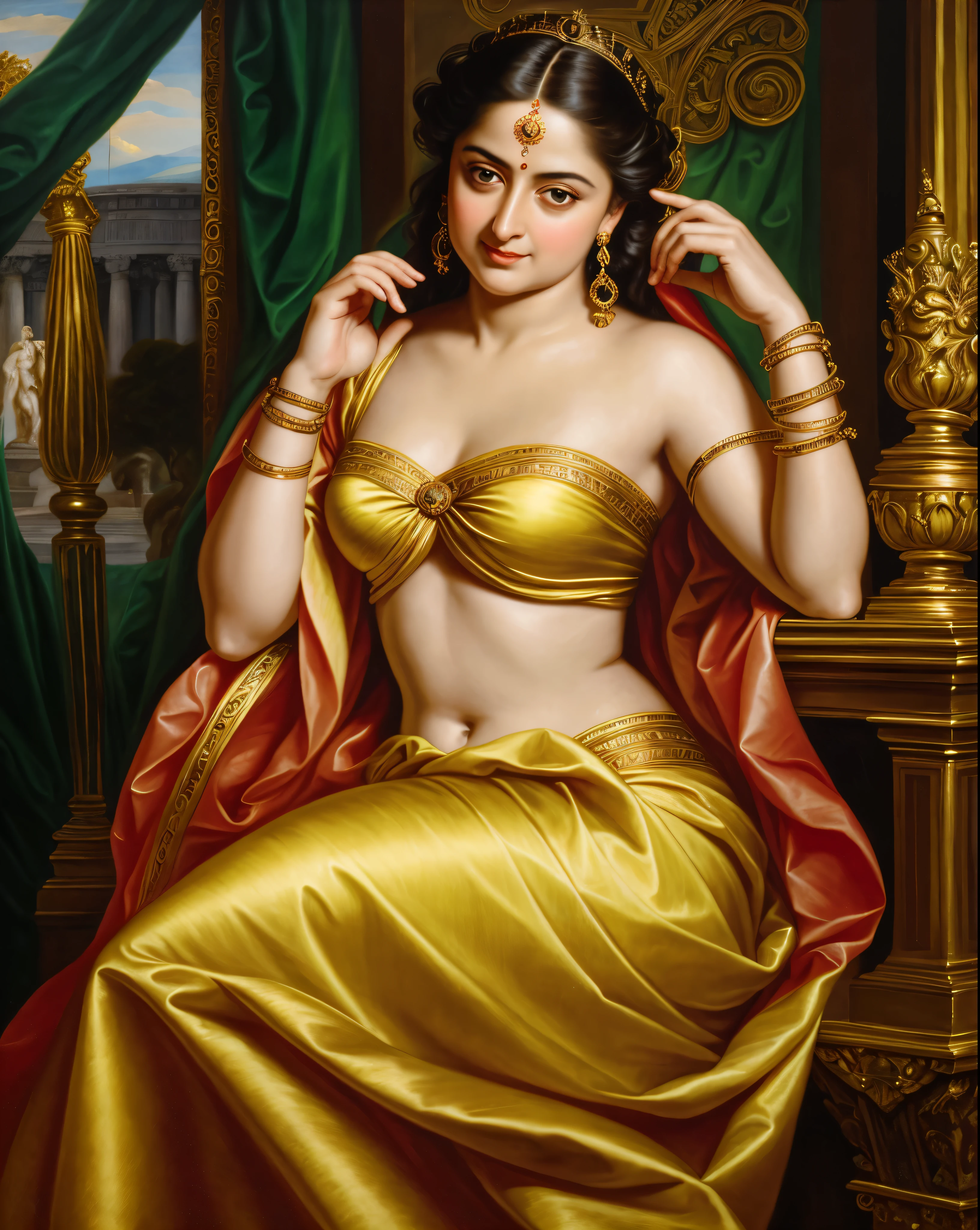 Looks like Anushka Shetty, Masterpiece, Best quality, high clarity eyes, critically flawless,sharp picture, Full portrait, High pixels, perfect face, perfect eyes, beautiful face, perfect hands,perfect fingers, in Peter Paul Rubens style, by Peter Paul Rubens, baroque style, acrylic on canvas, highly detailed, description: "Create a nymph inspired by the tales of Greek or Roman mythology, embodying the essence of a natural element or location, and possessing a unique ability or trait that sets her apart.", strapless Bra of ancient times, strapless bralette, armpits showing, detailed armpits, ravishing beauty queen, 