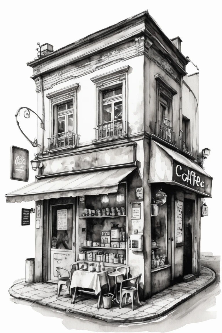 Funny cute, tinny caffeebar, ink and wash, front view, (Best quality, perfect masterpiece, Representative work, official art, professional, High detail, Very complex detailed:1.3)
