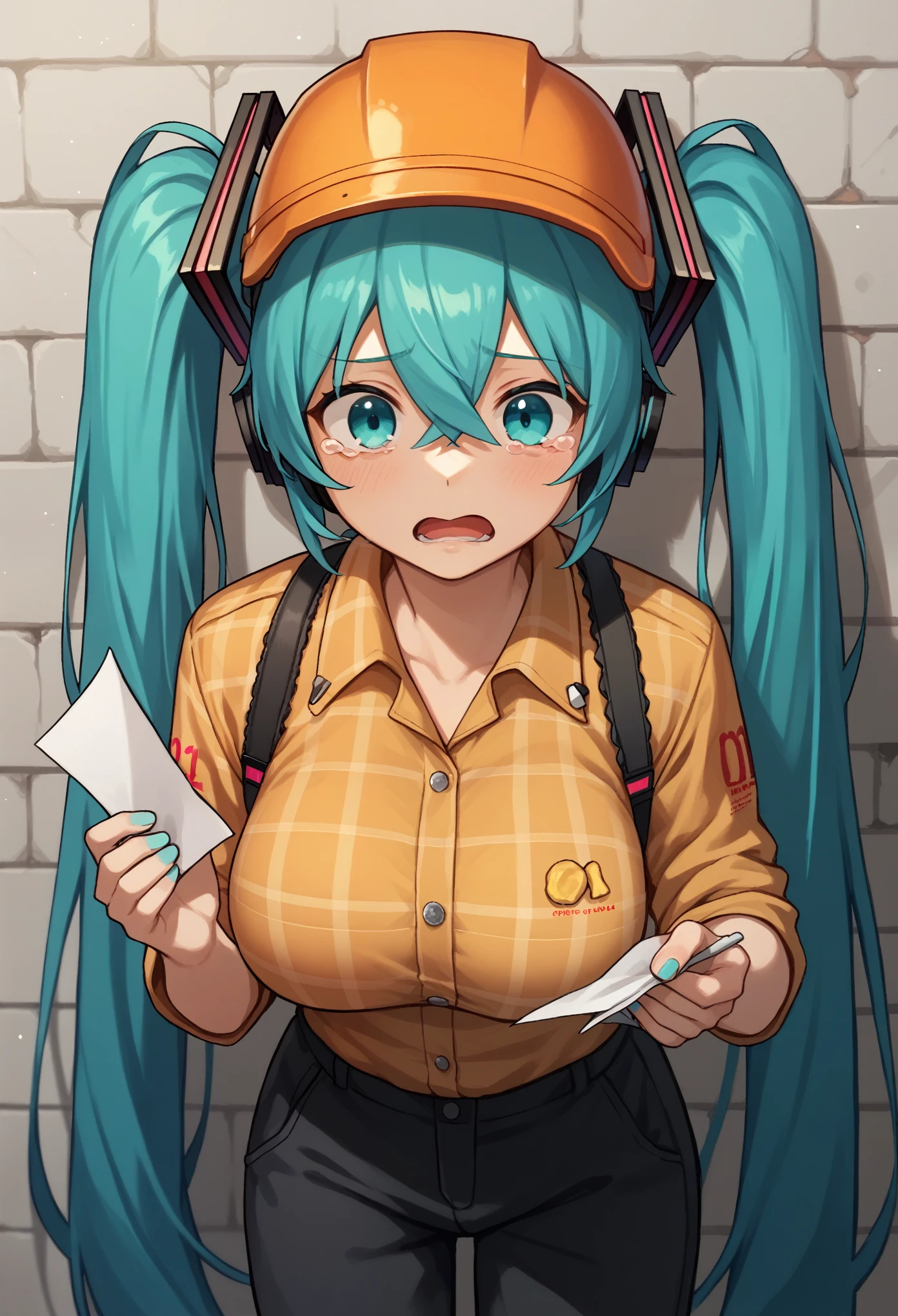 Miku Hatsune, 1girl, alone, aqua eyes, aqua hair, crossed bangs, hair between eyes, hair ornament, headphones, long hair, twintails,  construction clothing , orange helmet ,  plaid shirt , Holding papers, Big black mustache,  on a construction with a tractor,  sad, singing, jealous, female body,  big breasts ,  chips against a wall, tears