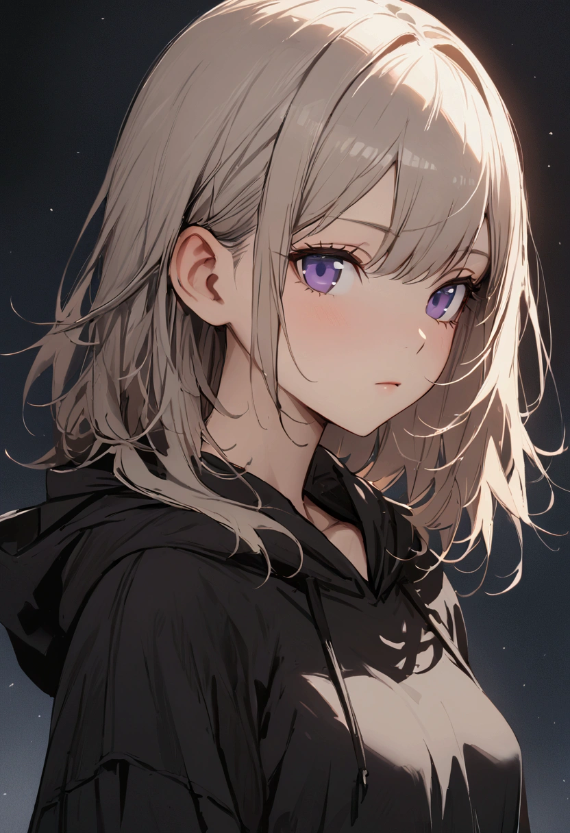 one girl, pretty face, periwinkle eyes, ash blonde, wolf hair cut, chest-length hair, loose fit black hoodie, slim figure, small breasts, kuudere, expressionless, close up, masterpiece, best quality