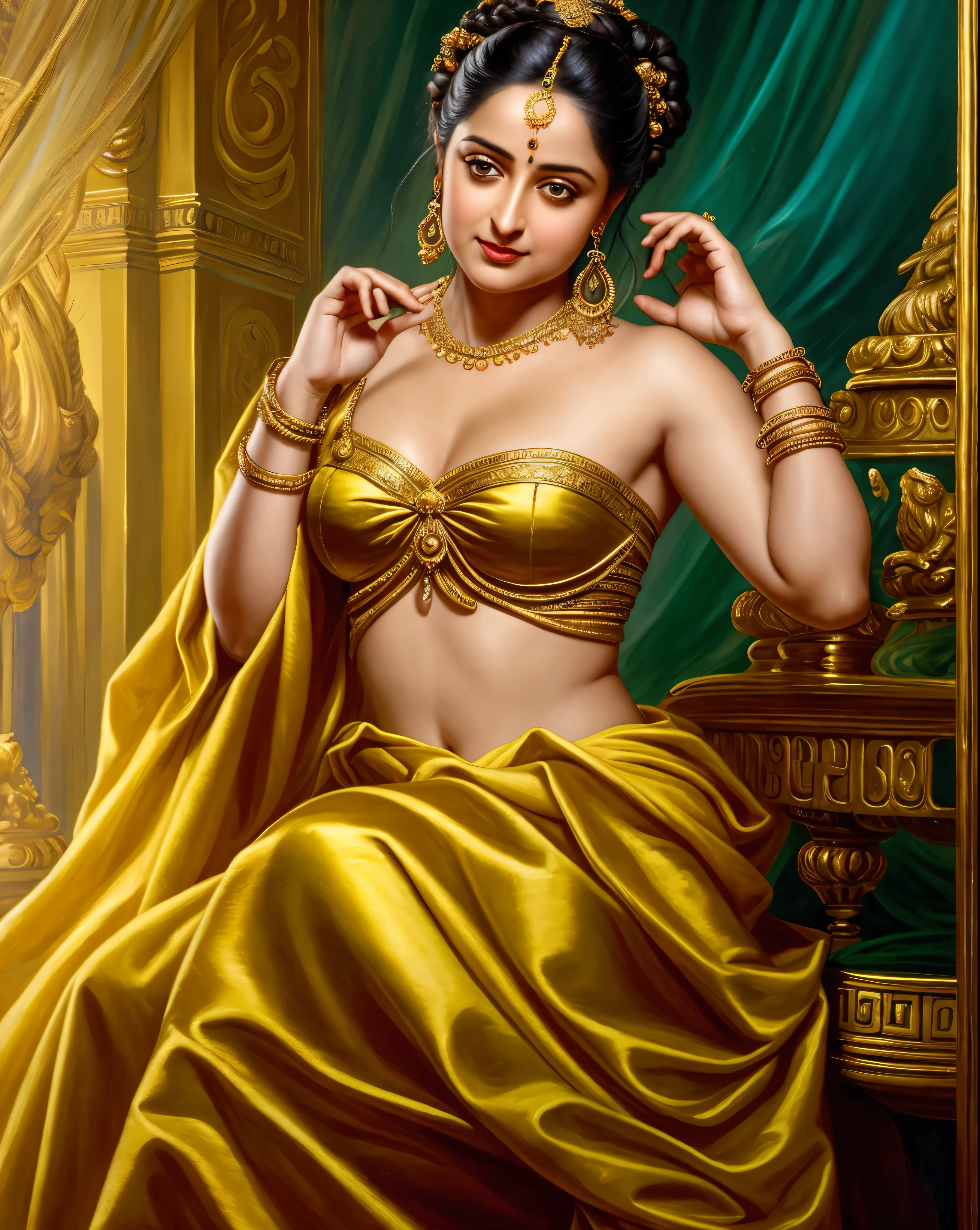 Beautiful Indian Woman, wearing saree, sari Beauty, gorgeous, Apsara, Maharani, royal queen woman, nymph from Hindu Mythology, pierced eyes, Urvashi, matchless beauty, Highly detailed, Oil Painting by Peter Paul Rubens inspired by Raja Ravi Varma, Matchless beauty, captivating, gorgeous, heavenly beauty, celestial beauty, by Peter Paul Rubens, 1893, realistic, hyper realistic, micro details, incredible artwork, insane details, ultra High resolution, 8k, 32k, acrylic on canvas, intricate, flawless, detailed, detailed face, detailed eyes, masterpiece, by Peter Paul Rubens, by Caravaggio, by William Adolphe bouguereau, perfect face, perfect body, beautiful art, realism, baroque, renaissance Art, highly textured, beautiful and detailed eyes, uhd, best quality,