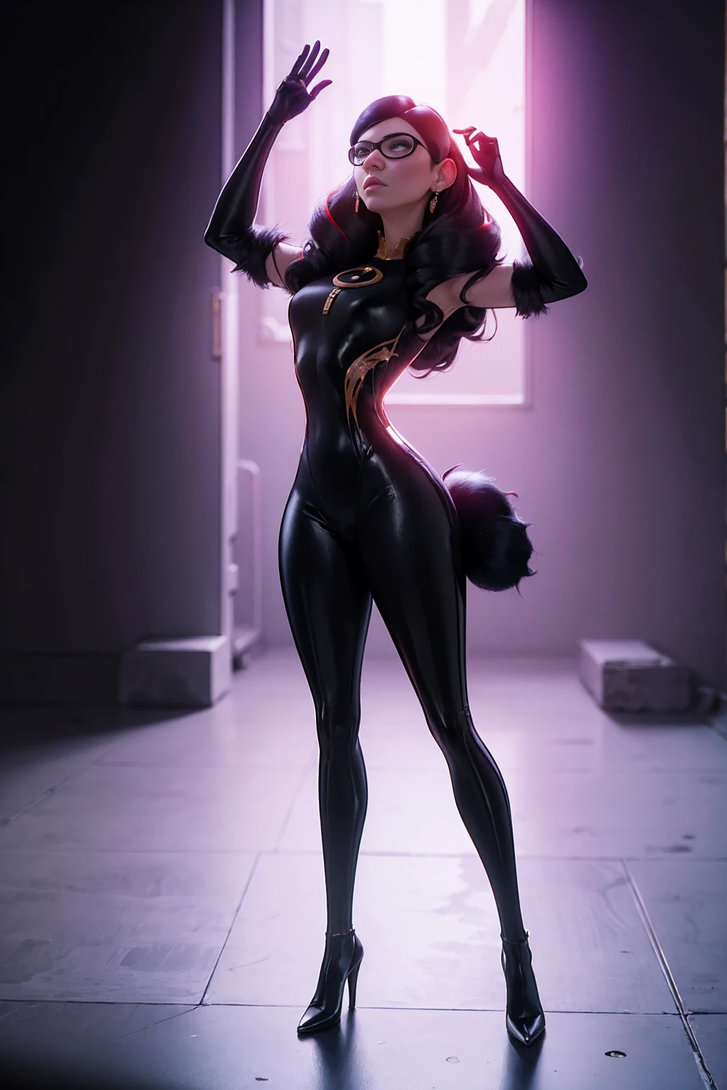 A single character combining elements from Violet Parr and Bayonetta, (Violet Parr:Bayonetta), full length portrait, beautiful young woman, long dark hair, violet eyes, detailed facial features, full body in tight black outfit, high heels, dramatic pose, dark dramatic lighting, cinematic composition, fantasy, highly detailed, hyper realistic, masterpiece, 8k, volumetric lighting, dramatic colors, cinematic mood, intricate details