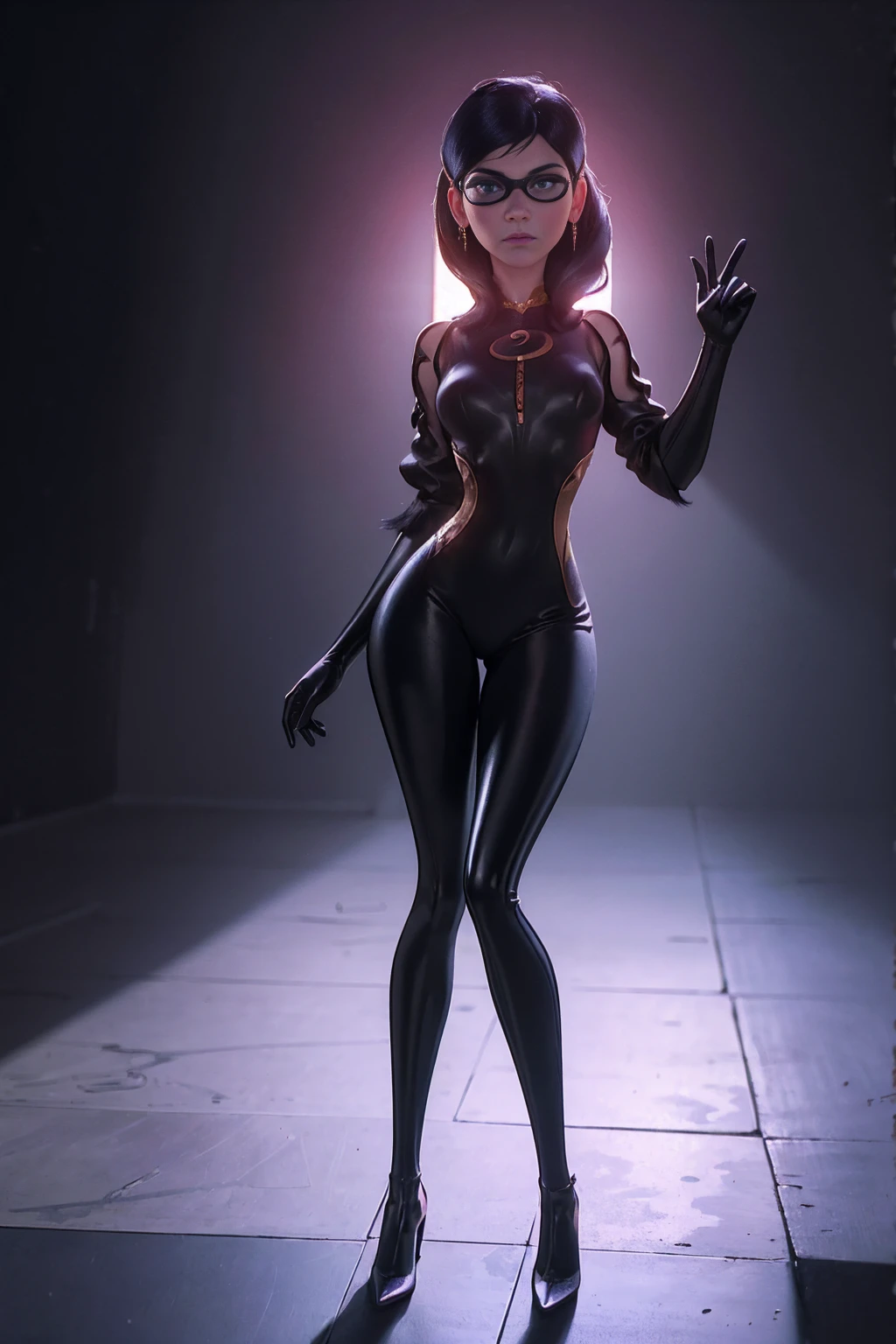 A single character combining elements from Violet Parr and Bayonetta, (Violet Parr:Bayonetta), full length portrait, beautiful young woman, long dark hair, violet eyes, detailed facial features, full body in tight black outfit, high heels, dramatic pose, dark dramatic lighting, cinematic composition, fantasy, highly detailed, hyper realistic, masterpiece, 8k, volumetric lighting, dramatic colors, cinematic mood, intricate details