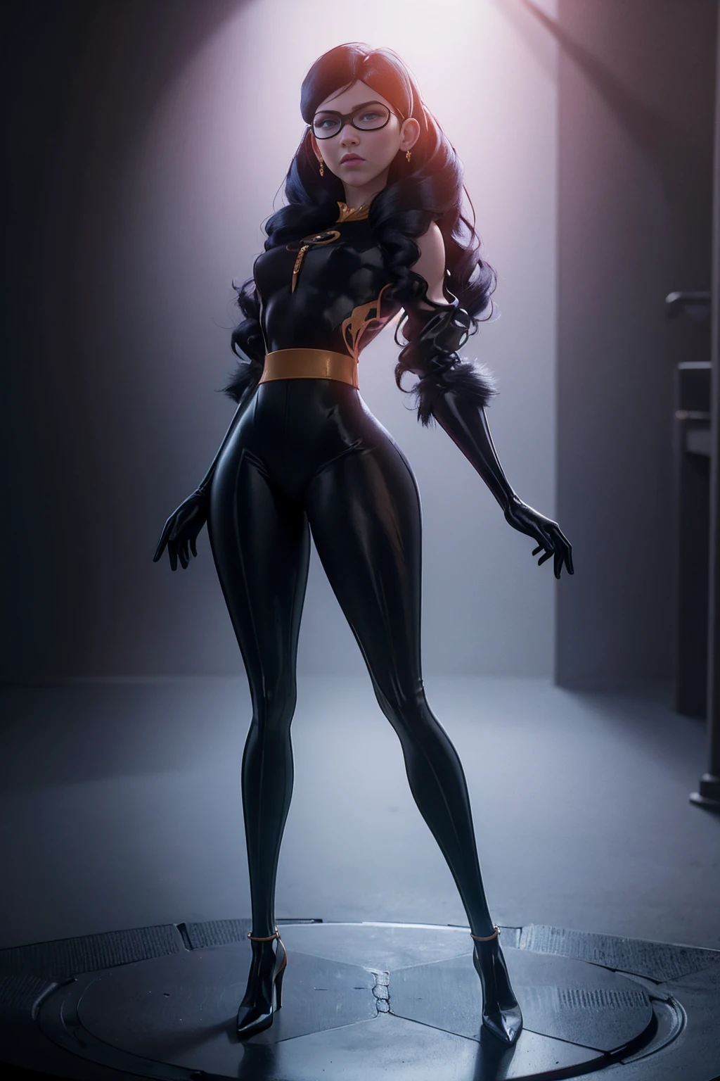 A single character combining elements from Violet Parr and Bayonetta, (Violet Parr:Bayonetta), full length portrait, beautiful young woman, long dark hair, violet eyes, detailed facial features, full body in tight black outfit, high heels, dramatic pose, dark dramatic lighting, cinematic composition, fantasy, highly detailed, hyper realistic, masterpiece, 8k, volumetric lighting, dramatic colors, cinematic mood, intricate details