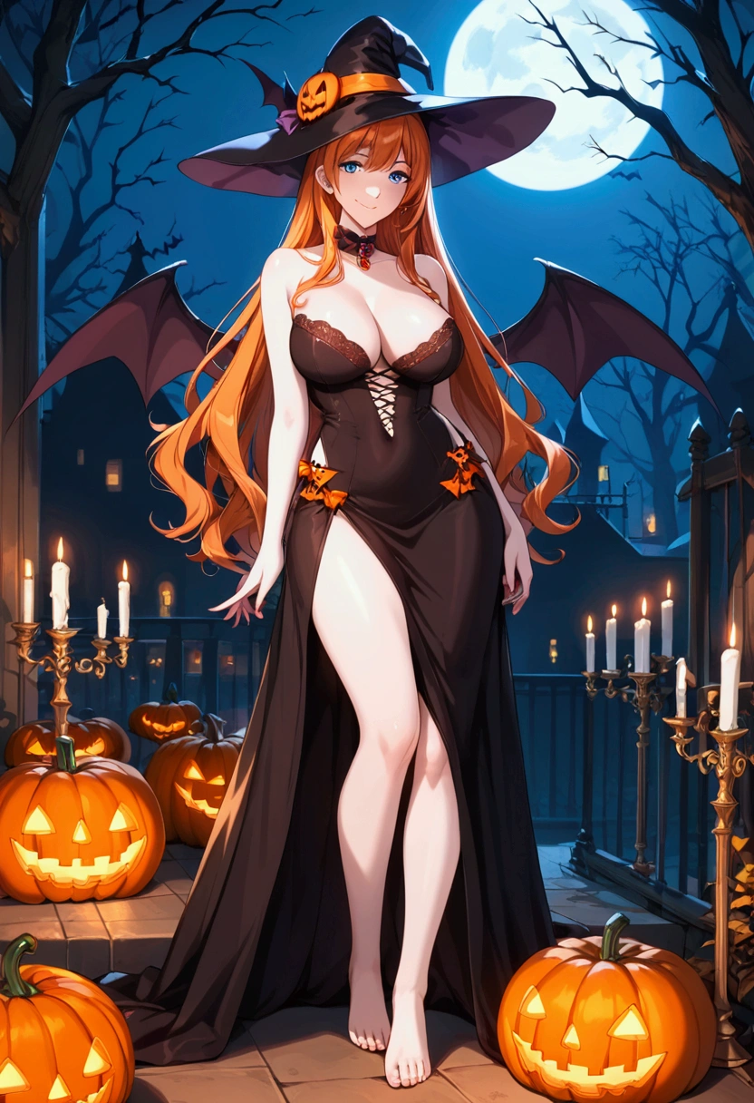 score_9, score_8, score_7, source_animated, 1mature_fe******,  white skin, Standing in front of a blackboard, smile, Looking at the public, Skeleton costume , halloween, orange hair,  very long hair, Blue eyes,  big breasts , erotic anatomy, aula decoración de halloween, pumpkin, bats, candles, perfect body,  Perfect Anatomy , erotic anatomy,  perfect arms , Perfect fingers, perfect feet,  Perfect legs , perfect genitals, Perfect posture,  ambient light lighting .