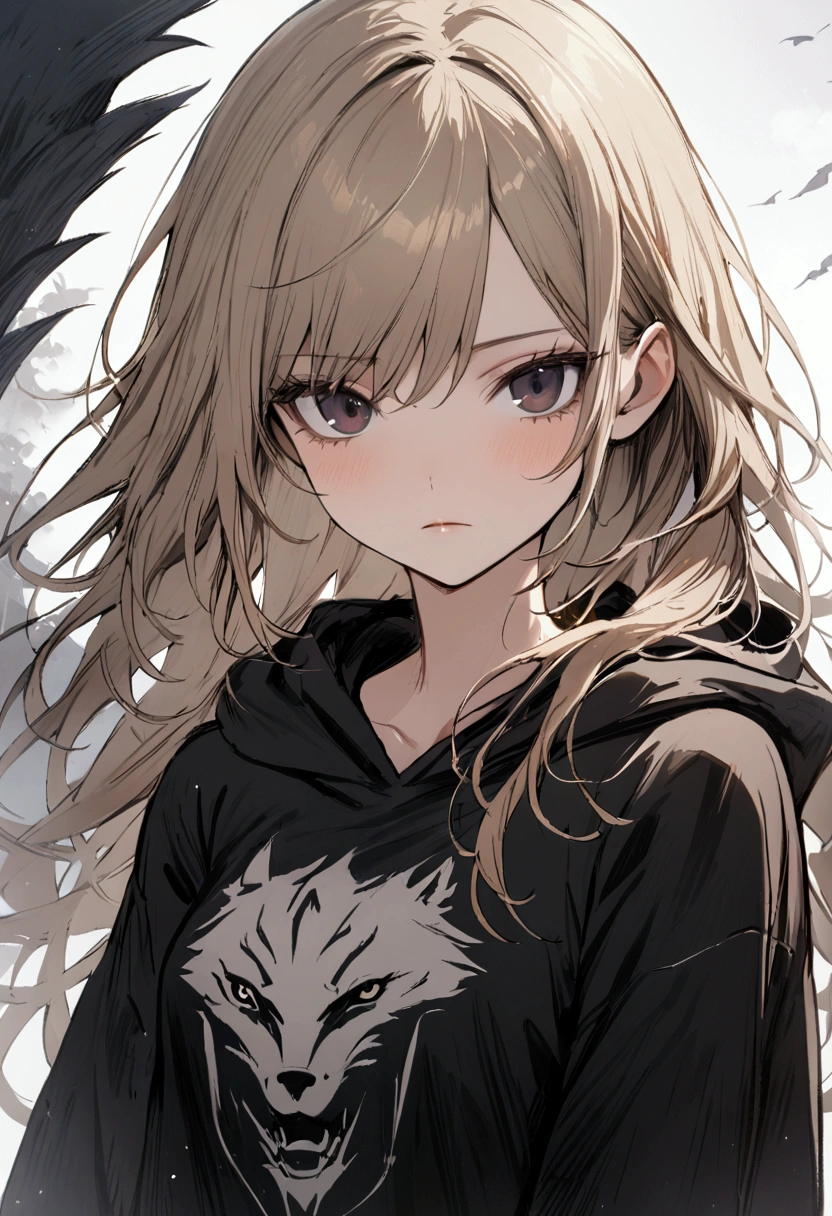 one girl, pretty face, dark eyes, ash blonde, wolf hair cut, chest-length hair, loose fit black hoodie, slim figure, small breasts, kuudere, expressionless, close up, masterpiece, best quality