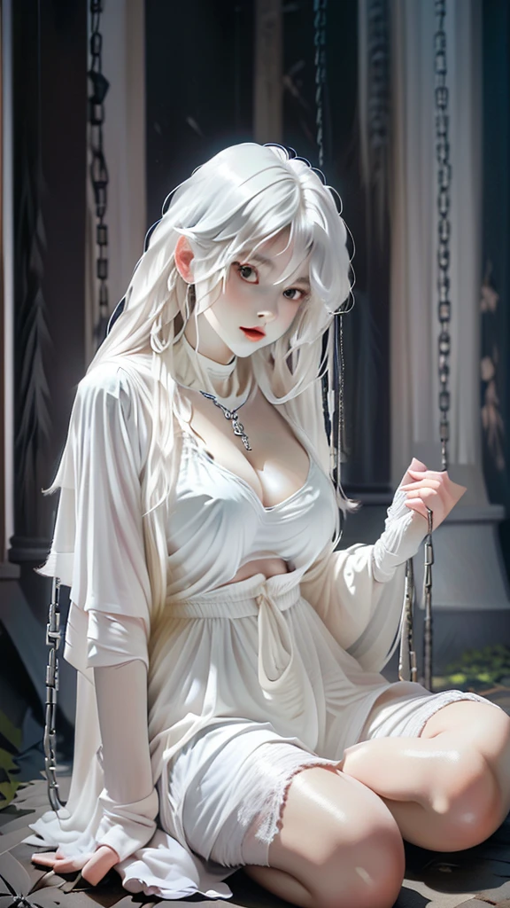 (（（figure，御姐figure,White and tender skin,（（ghost costume,ghost,The white female ghost ，White cape）））,,(（（No Head ））),((masterpiece)),highres,((Best quality at best)),masterpiece,quality,Best quality,(（（  to the audience,）））,Huge breasts,苗条figure,forest,night,（（（A female ghost , has her hands locked from the left and right sides with chains,Open your hands，Sitting on the ground））),）））