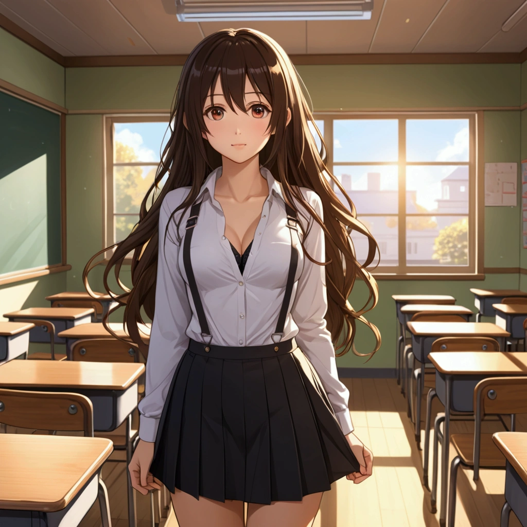 "An anime girl with a stylish yet shy look stands in a bright, empty classroom, sunlight streaming in through the large windows. She’s wearing a fitted white shirt, slightly unbuttoned at the top, allowing the black straps of her bra to subtly show through, adding a playful touch to her outfit. Her black skirt is pleated, falling just above her knees, and complements her slender figure.

Her long hair cascades over her shoulders, framing her face as she gazes to the side with a gentle, thoughtful expression. The soft light highlights the textures of her clothing and adds a warm ambiance to the room. Desks and chairs are neatly arranged in the background, creating a classic classroom setting, with the scene rendered in detailed 4K anime style to capture every nuance of her outfit, expression, and the cozy classroom atmosphere."
