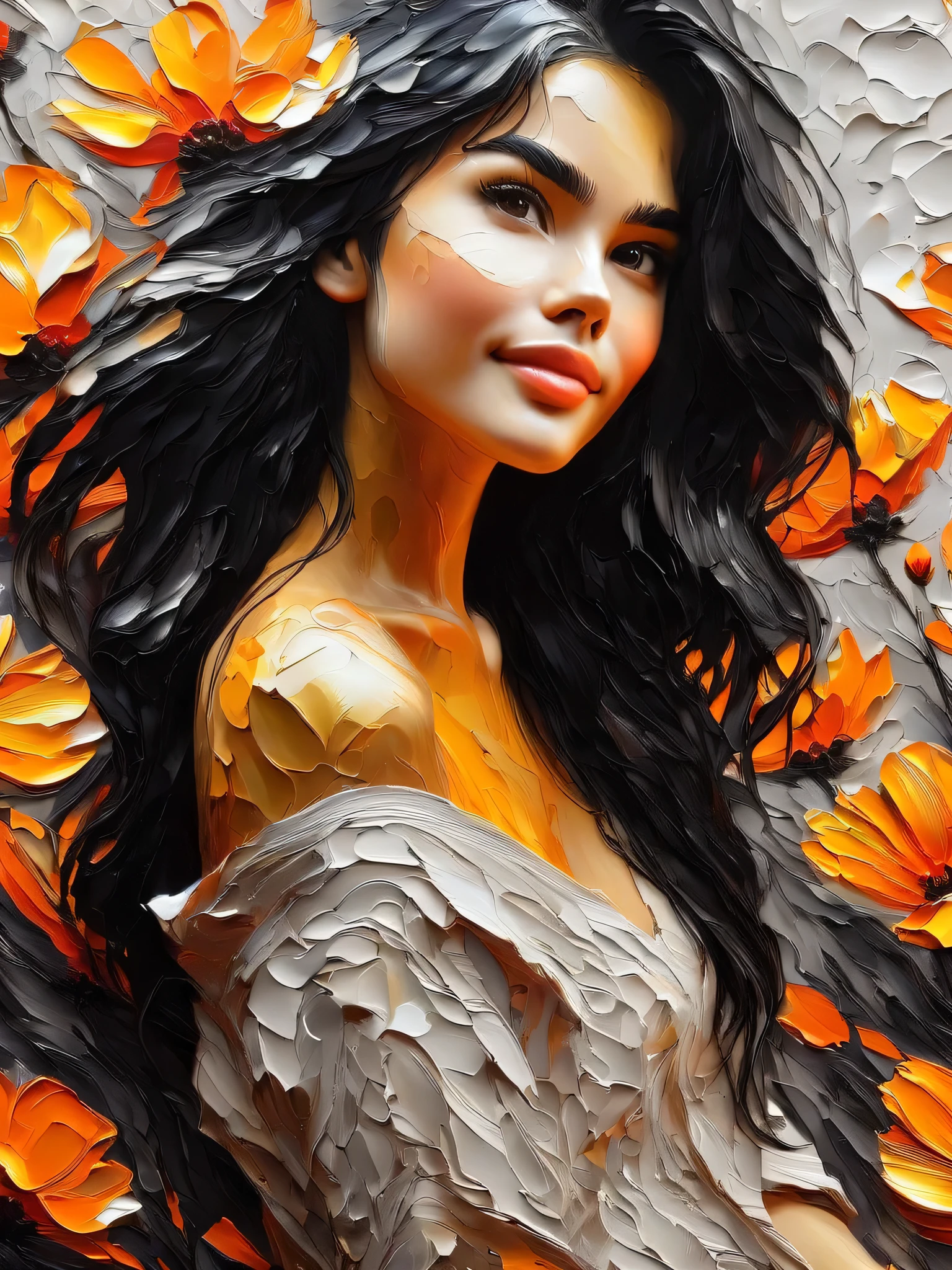 Top quality, super detailed, (Impasto)), a masterpiece of oil painting passionately and brilliantly drawn with a palette knife, a girl surrounded by orange flowers, early teens, half body shot, black hair, medium hair, Smirking, lively touch, (strokes that perfectly capture facial expressions), simple background, masterpiece,