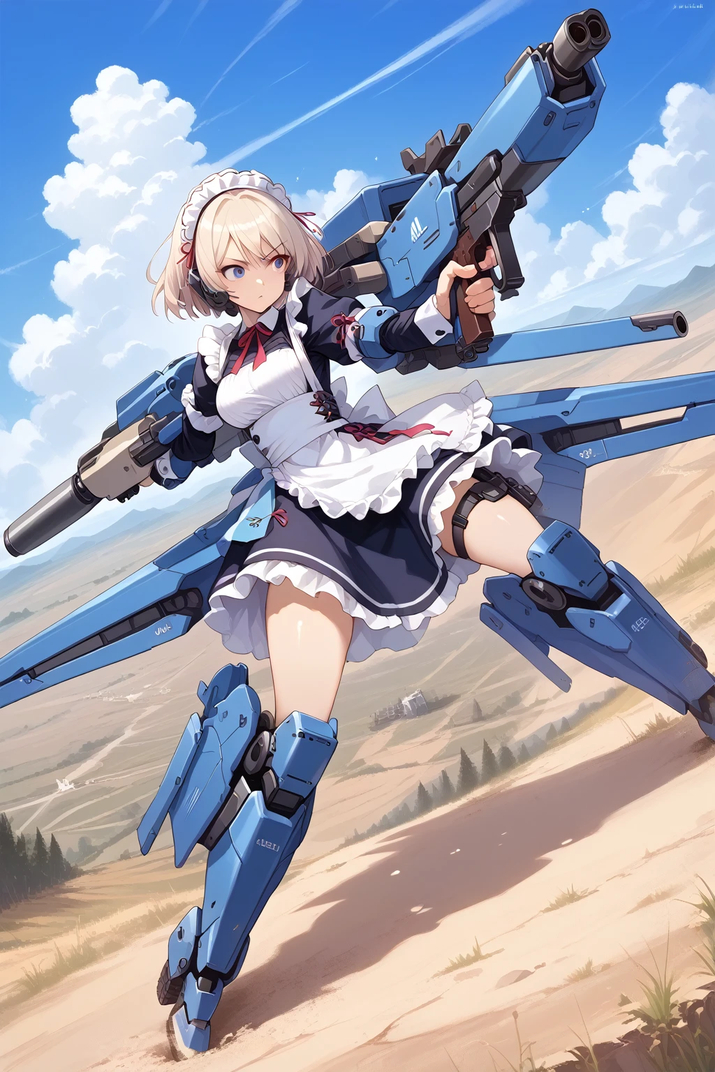  score_9, score_8_up, score_7_up, source_anime, masterpiece, best quality, high resolution, extremely detailed CG, absurdres,1girl, solo, mecha_musume in maid outfit holds a beam cannon and shooting on the battlefield,((holding, holding weapon)), ((thighs)), cool_face, holding gun, handgun, aiming