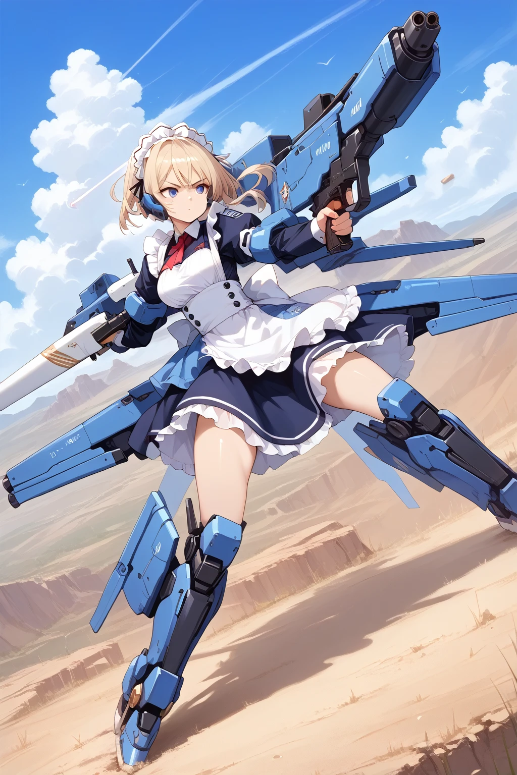  score_9, score_8_up, score_7_up, source_anime, masterpiece, best quality, high resolution, extremely detailed CG, absurdres,1girl, solo, mecha_musume in maid outfit holds a beam cannon and shooting on the battlefield,((holding, holding weapon)), ((thighs)), cool_face, holding gun, handgun, aiming