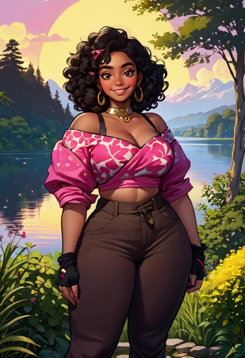 masterpiece, highest quality, (solo focus), (perfect face:1.1), (high detail:1.1), (hyper detailed eyes), dramatic, 1girl, (dark brown skin), black curly hair, dark pink highlights, light yellow eyes, lake background, trees and bushes anime style, niji, short sized girl looking at the viewer smiling, off shoulder blouse, cargo pants, fingerless gloves, bandana scarf, ebony woman, dark skin shortstack, wide hips, thick thighs, plump ass, big breasts, mixed_artwork style, big cleavage, smiling, shiny skin, sexy, big eyes, thicc,