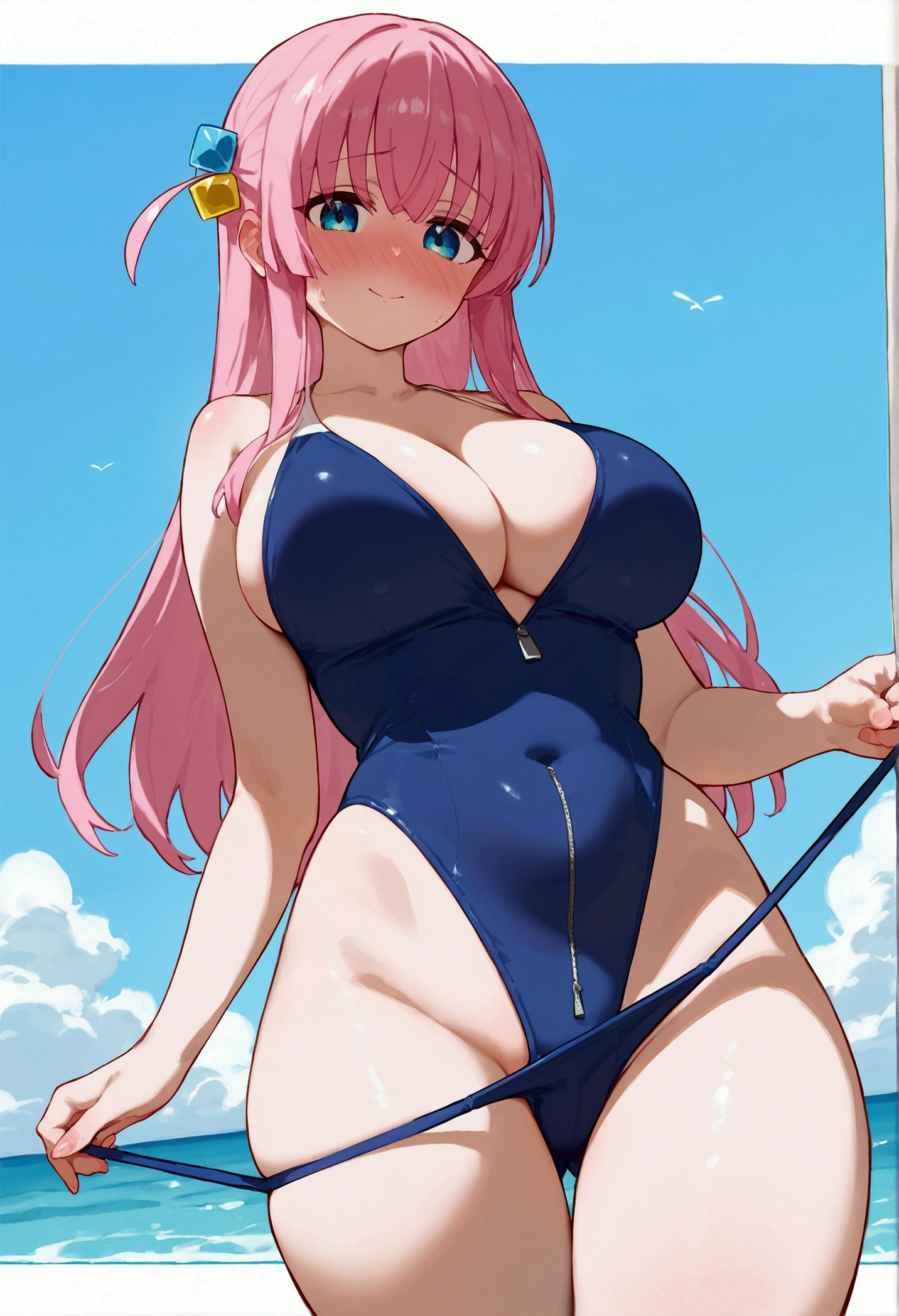 score_9, score_8_up, score_7_up, source_anime, looking at viewer, looking down, cowboy shot, gotoh hitori, bocchi the rock!, pink hair, swimsuit, bikini, one-piece swimsuit, blue one-piece swimsuit, zipper pull tab, large breasts, thick thighs, light smile, ocean, sweatdrop, blush, nose blush, full-face blush, outdoors, Beautiful breasts, see through