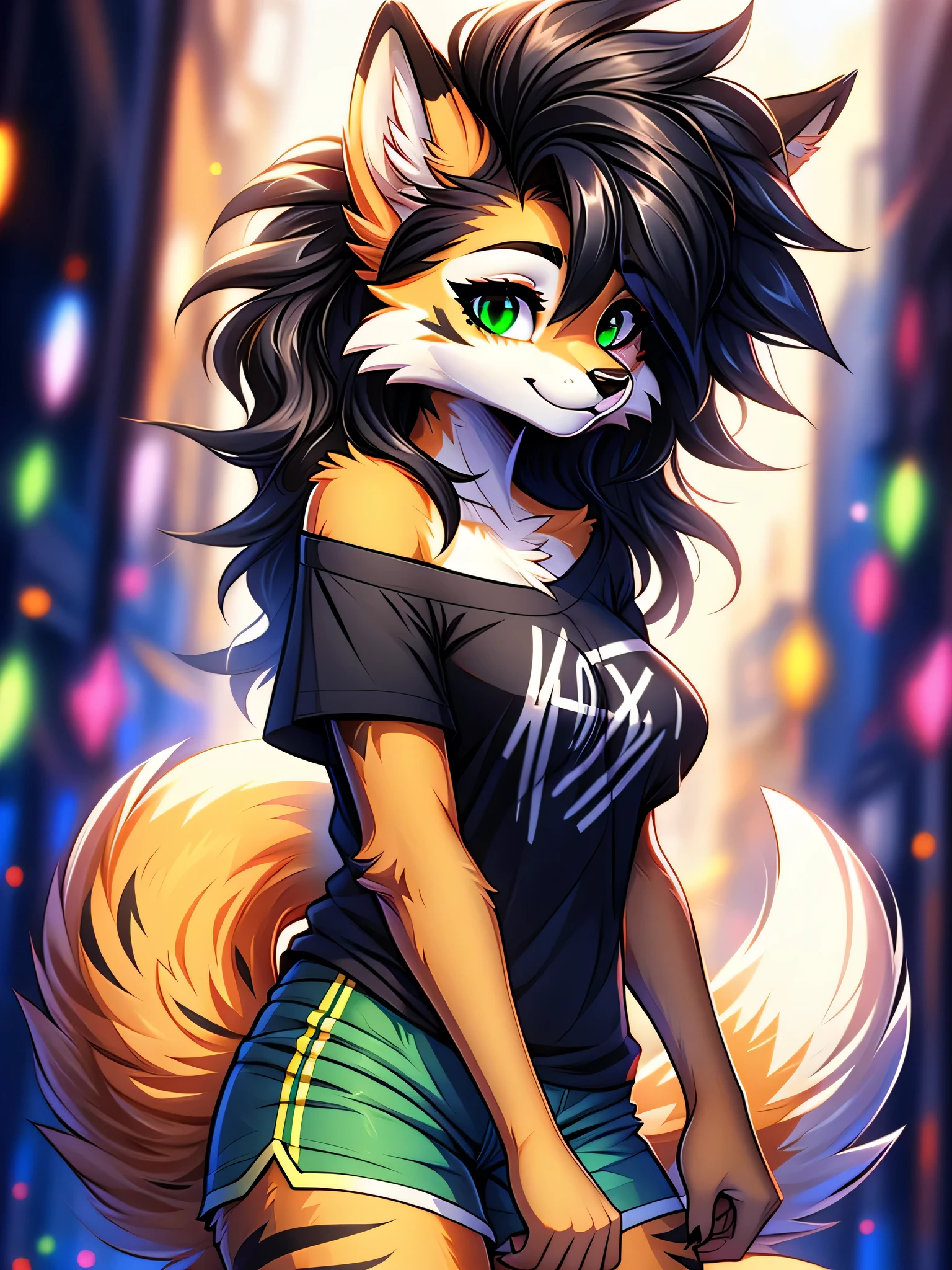 cel shading, detailed eyes, best quality, highly detailed, masterpiece, best quality, solo female, fox fursona, hair between eyes, poofy hair, black hair, off-shoulder tshirt, scene hair, green eyes, shorts, 