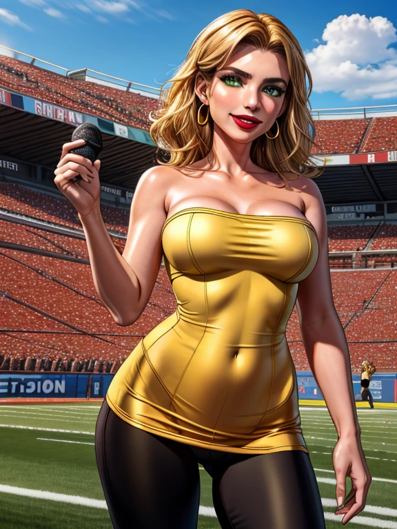 (masterpiece:1.2), best quality, high resolution, BREAK alluring 36-years-old woman, standing at approximately 5'1" tall, ((slim, petite)), ((Hourglass figure)), medium breasts, tan olive skin, wavy blonde hair, green eyes, eyeshadow, mascara, red lipstick, BREAK ((Wearing yellow strapless top, golden earrings and tight black leggings)) BREAK She's a sports commentator, she's holding a microphone, she's looking at the camera with a charming smile BREAK outdoors, standing in the middle of the Football stadium