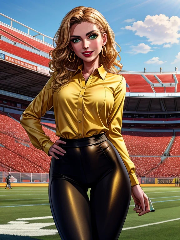 (masterpiece:1.2), best quality, high resolution, BREAK alluring 36-years-old woman, standing at approximately 5'1" tall, ((slim, petite)), ((Hourglass figure)), medium breasts, tan olive skin, wavy blonde hair, green eyes, eyeshadow, mascara, red lipstick, BREAK  ((Wearing a yellow blouse, golden earrings and tight black leggings)) BREAK She's a sports commentator, she's holding a microphone, she's looking at the camera with a charming smile BREAK outdoors, standing in the middle of the Football stadium