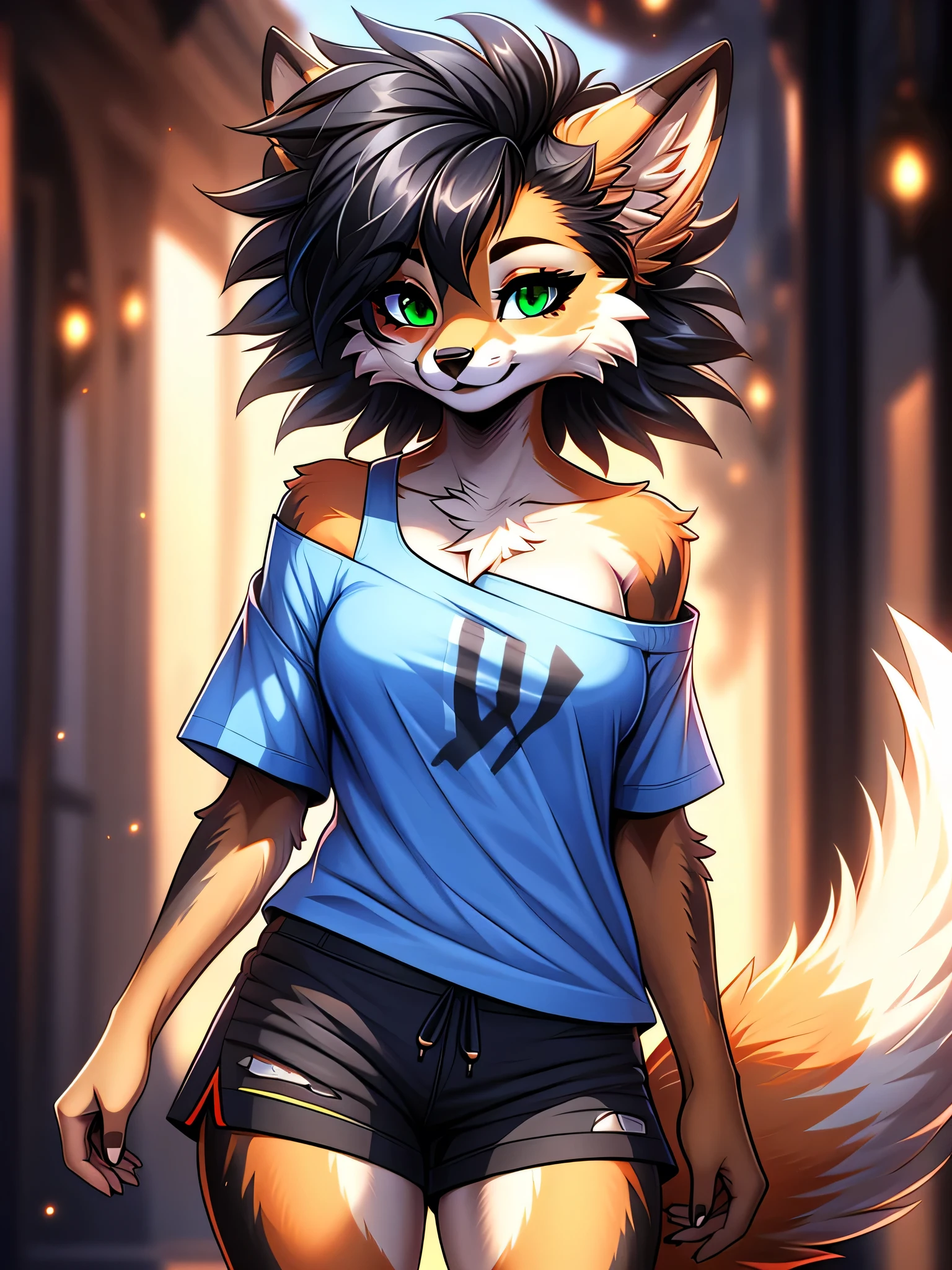 cel shading, detailed eyes, best quality, highly detailed, masterpiece, best quality, solo female, fox fursona, hair between eyes, poofy hair, black hair, off-shoulder tshirt, scene hair, green eyes, shorts, 