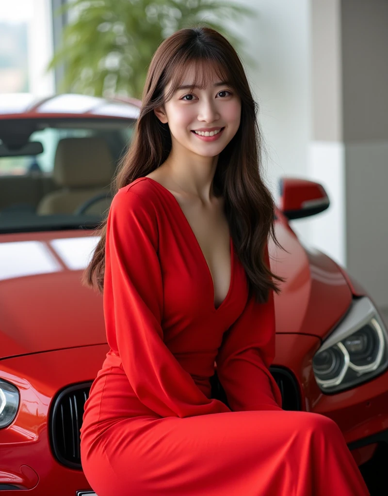 1 girl, (Wear a bright red dress:1.2), Very beautiful Japanese idol portraits, 
(RAW Photos, highest quality), (Realistic, Realistic:1.4), (masterpiece), 
Very delicate and beautiful, Very detailed, 2k wallpaper, wonderful, finely, Very detailed CG Unity 8K wallpaper, Very detailed, High resolution, Soft Light, 
Beautiful detailed girl, Very detailed, Beautiful and sophisticated nose, Beautiful and beautiful eyes, Cinema Lighting, 
(Fashion magazine photography:1.3), (indoor), (motor Show:1.3), Accurate depiction of the car,
(Medium Hair), (whole body), (large breast),(Sit on the hood of a car:1.2), (Sitting cross-legged:1.2),
Complete Anatomy, Slender body, Small breasts, smile, Happy, (teeth)