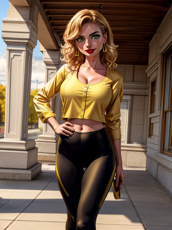 (masterpiece:1.2), best quality, high resolution, BREAK alluring 36-years-old woman, standing at approximately 5'1" tall, ((slim, petite)), ((Hourglass figure)), medium breasts, tan olive skin, wavy blonde hair, green eyes, eyeshadow, mascara, red lipstick, BREAK ((Wearing a yellow blouse, golden earrings and Lululemon branded black leggings)) BREAK She's a sports commentator, she's holding a microphone, she's looking at the camera with a charming smile BREAK outdoors, standing in the middle of the Football stadium